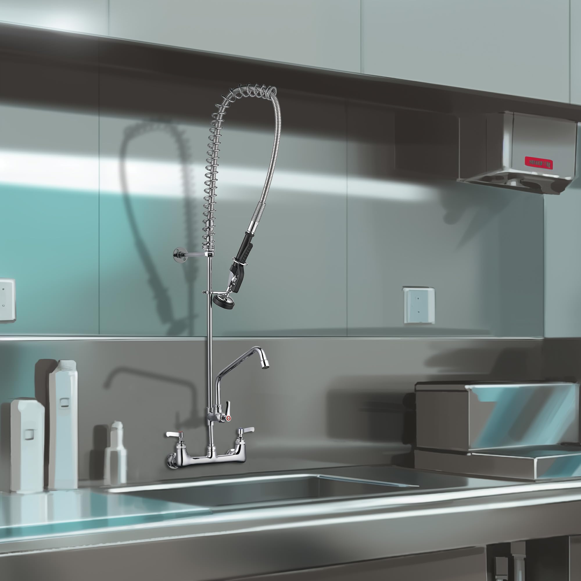 Aquaterior  Pre-Rinse Commercial Kitchen Faucet With Sprayer 44" Height Wall Mount Double Handle With Add-On 12" Rotatable Spout Pull Down For 2/3 Compartment Sink Cupc Nsf Cec