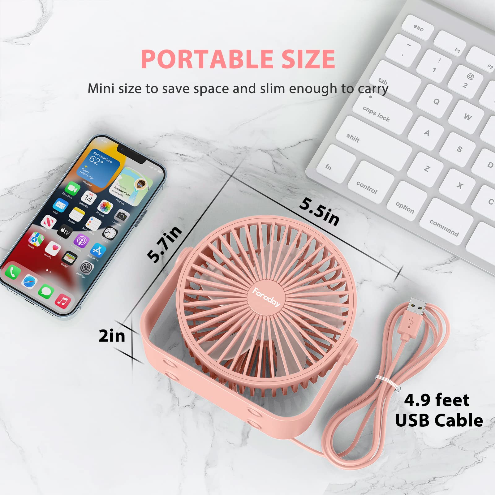 Faraday Usb Desk Fans 5 Inches Portable Table Fans 360° Head Rotation Small Personal Desktop Fan