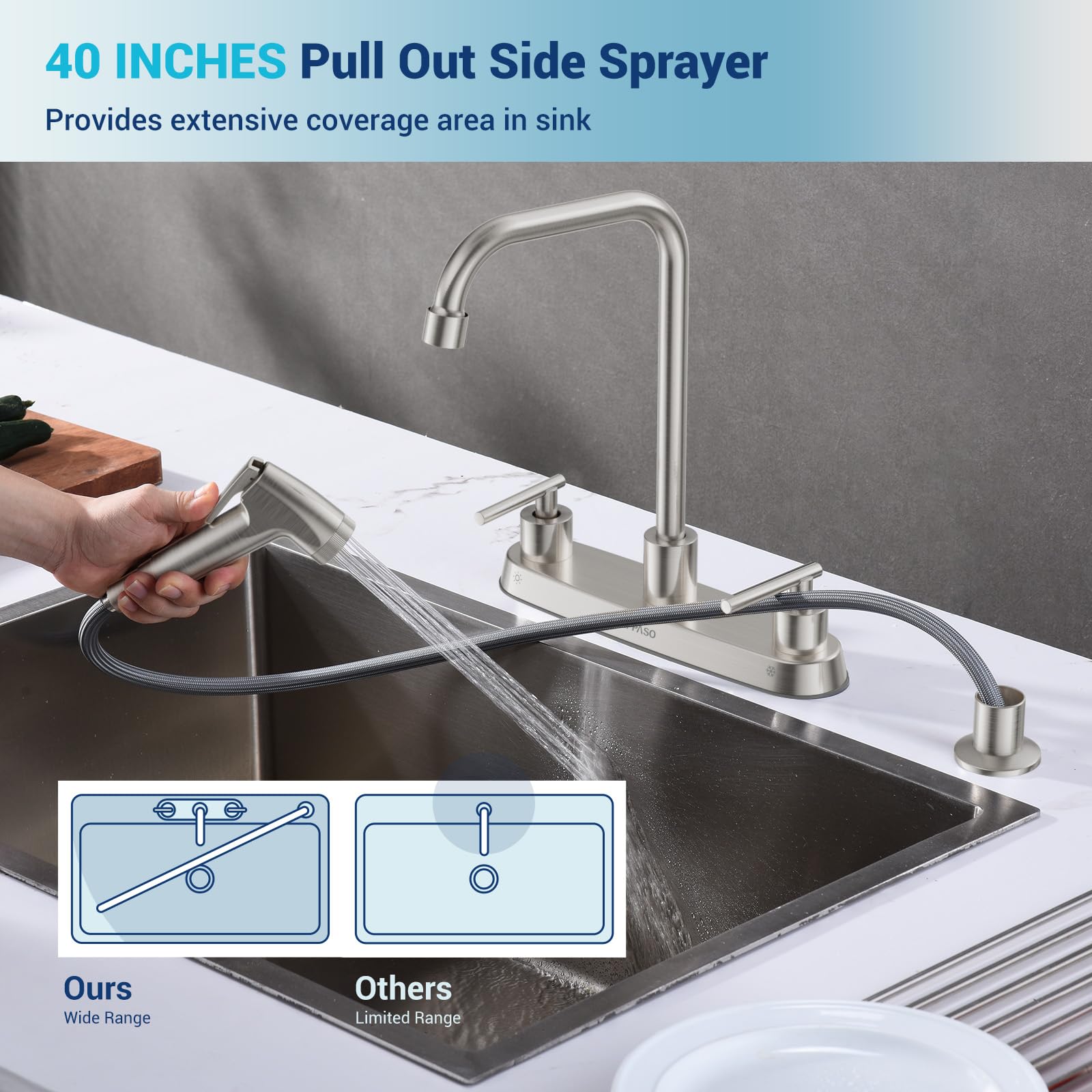 Appaso Kitchen Faucet With Side Sprayer, Brushed Nickel Kitchen Sink Faucet, 4 Hole Kitchen Faucet, Stainless Steel Faucet For Kitchen Sink, 2 Handle Faucets With High Right Angle Spout