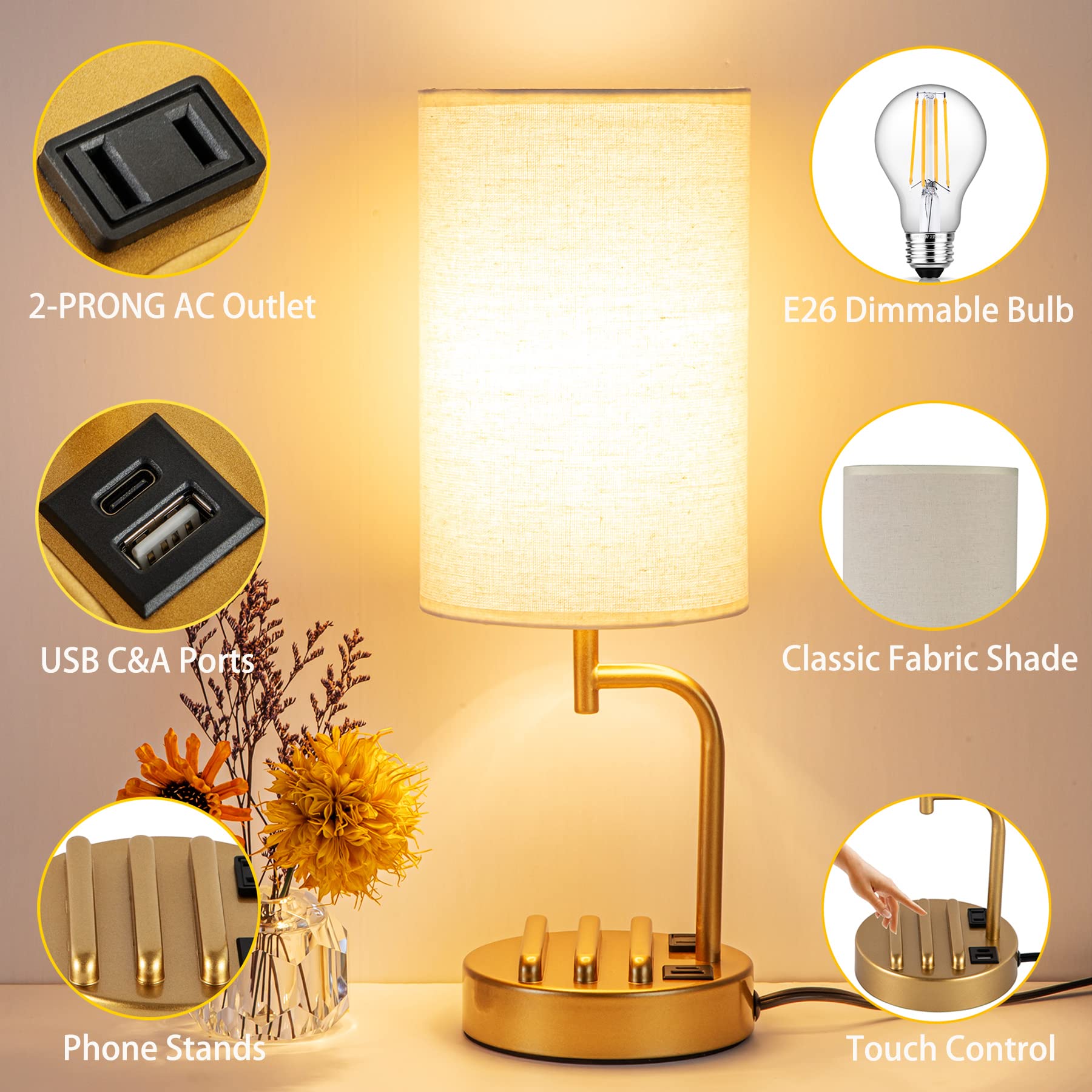 Dreamholder Touch Control Usb Table Lamp, 3-Way Dimmable Bedside Desk Lamp With Usb C & A Charging Ports And Ac Outlet, Nightstand Lamp For Bedroom, Dimmable Bulb Included, Gold
