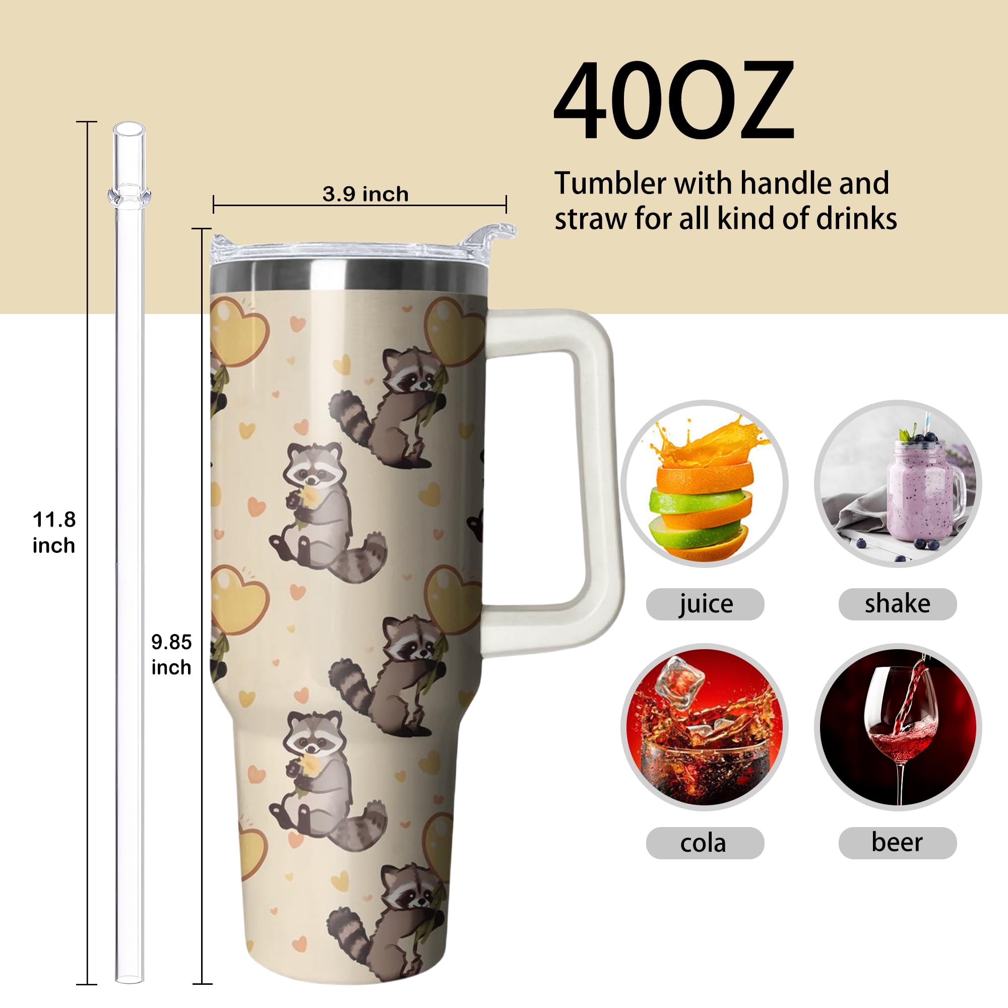 40Oz Raccoon Stainless Steel Tumbler With Handle And Straw, Dog Insulated Cup Travel Coffee Mug