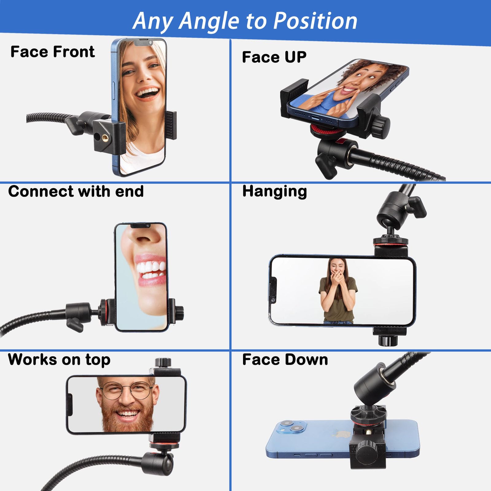 Qualiassu Adjustable Gooseneck Phone Tripod With Carry Bag, 360 Swivel Head, Clamp For Iphone 16/Pro/Pro Max/Plus/15/14/13/12/11, S22/S21