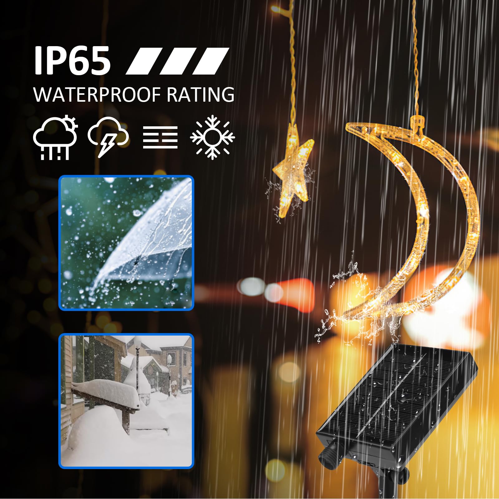 Lylyzoo Moon Star Solar String Lights For Outdoor, Ip65 Waterproof Curtain Lights With Remote Control And Usb Backup Charger, Camping Decorations, Automatic On-Off, Warm Yellow
