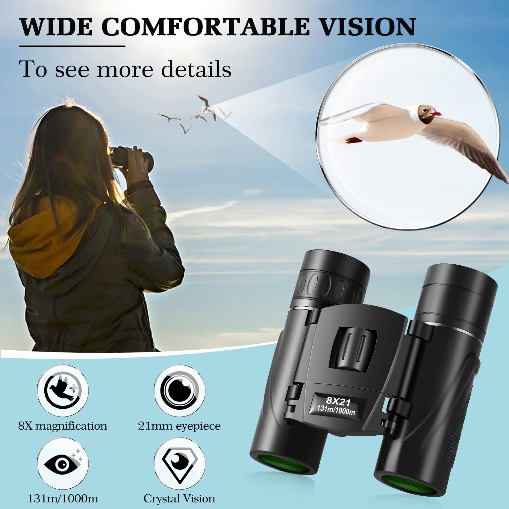 Wrnrn 8X21 Mini Lightweight Binoculars, Compact Pocket Binocularsfor Adults Kids, Small Protable Binoculars For Bird Watching Travel Opera Theater Sports Scenery