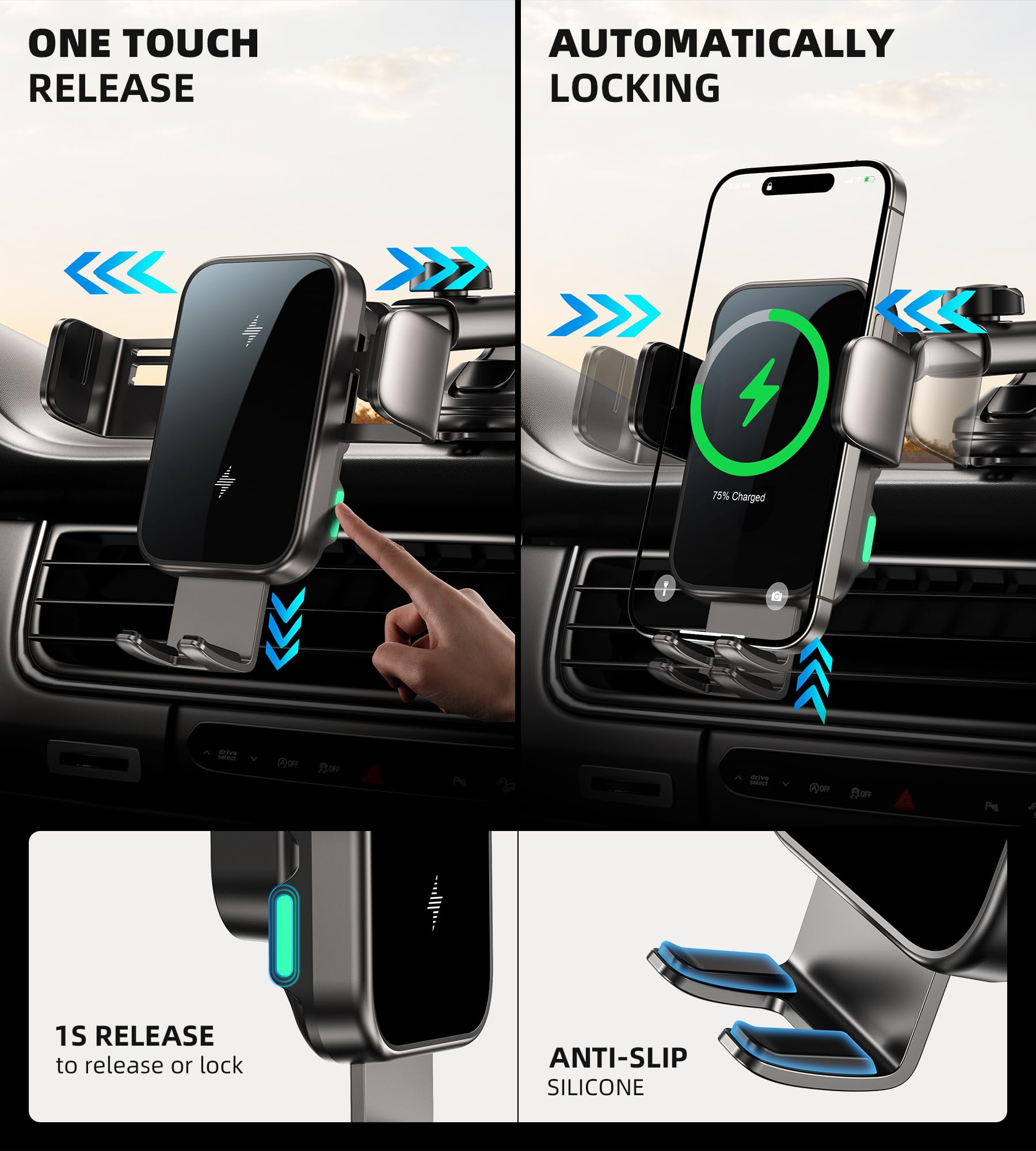 Gumosh Dual Coil 15W Car Phone Holder (Not Easy To Disconnect) Wireless Car Charger -Auto Clamping- Charging Phone Holders For Your Car Dash Vent Windshield, For Flip S24/S23/S22/S21, Iphone Series