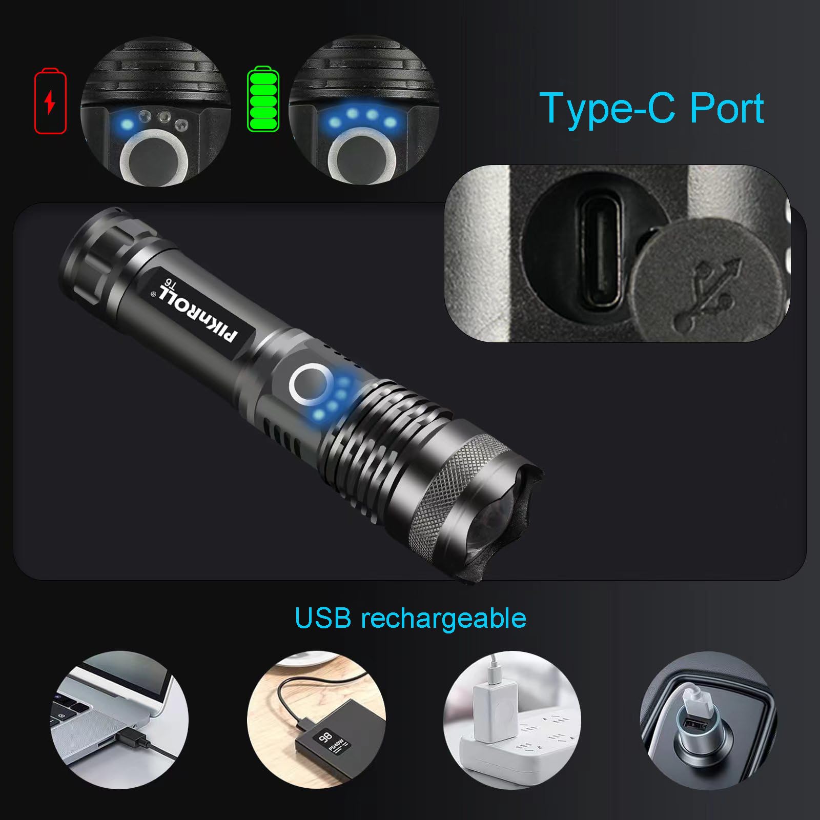 Piknroll T6 Rechargeable Flashlights High Lumen, 10000Lm Powerful Tactical Flashlight, 5 Modes Super Bright Led Flashlight, Usb Rechargeable Flashlight For Hiking, Outdoor, Emergency