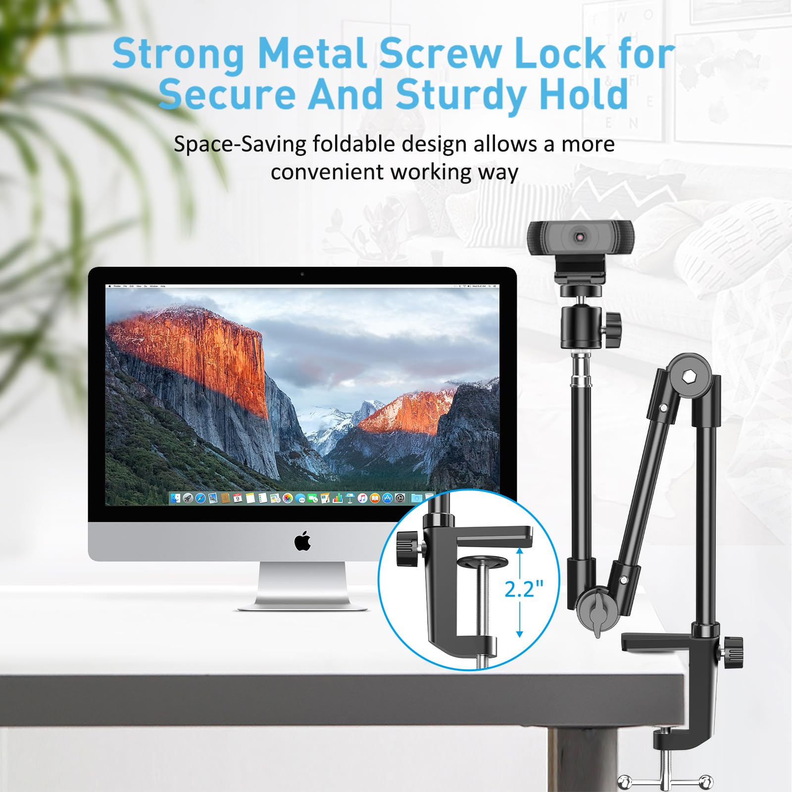 Kdd Webcam Stand Camera Mount With Phone Holder, 22 Inch Foldable Flexible Gooseneck Cell Phone Clamp & Table Projector Mount, For Logitech C922 C930E C920S C920 C960 Brio 4K, Gopro Hero 8 7 6 5