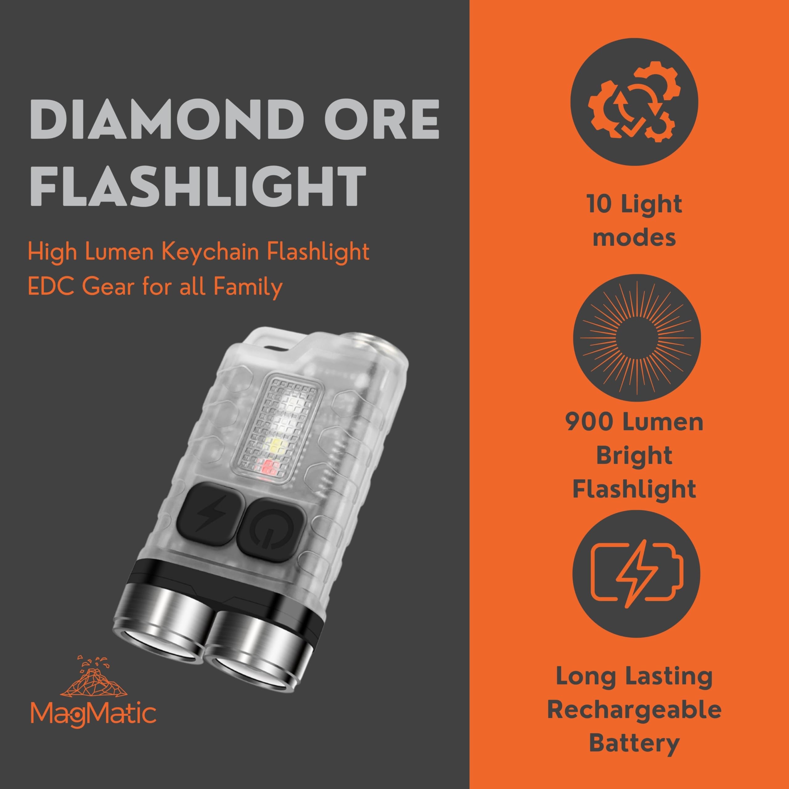 Magmatic Diamond Ore Keychain Flashlight - 900 Lumens, Rechargeable Mini Flashlight For Kids Glow In The Dark Blacklight Weatherproof Edc Gear For Camping. Convient As A Keychain Light