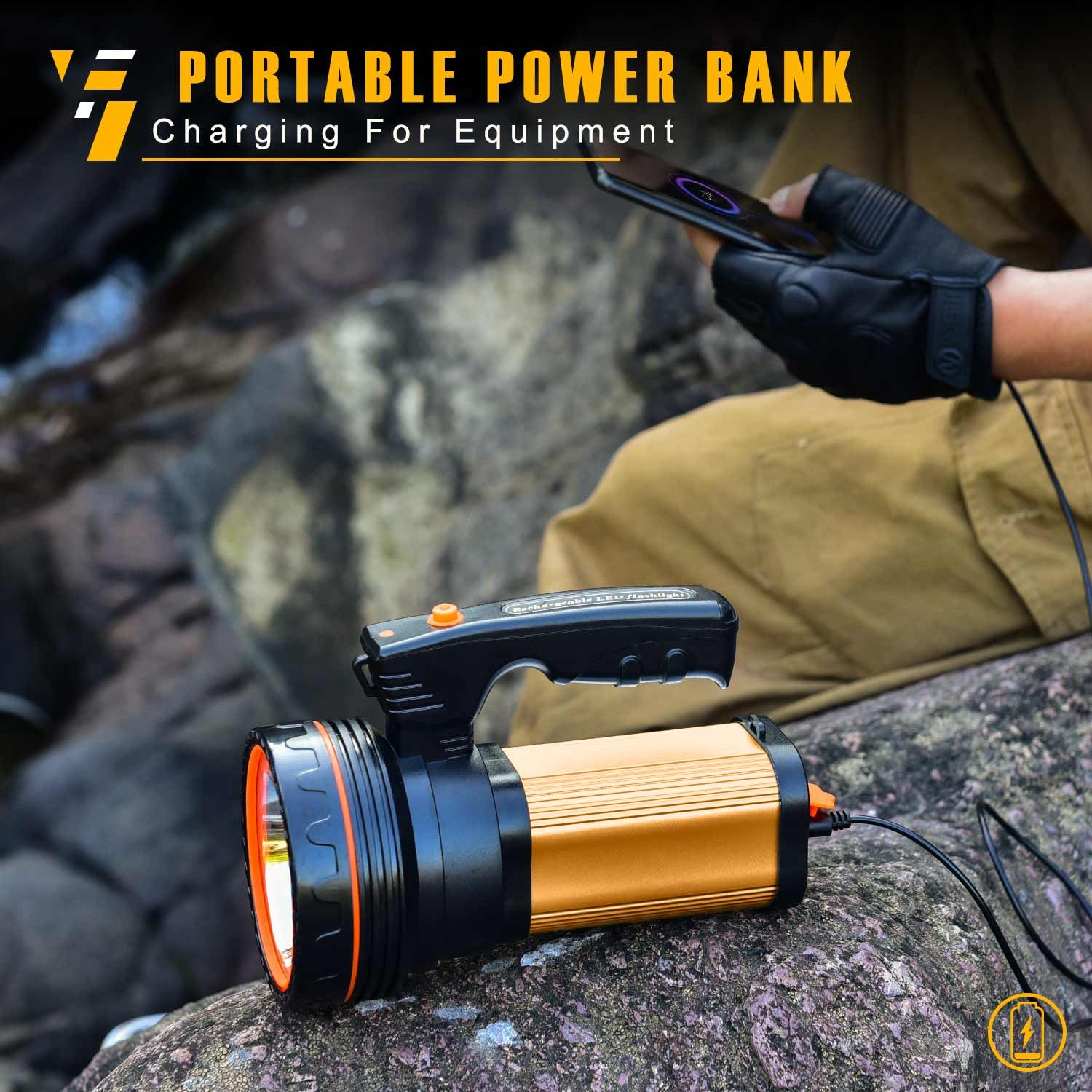 Csndice Flashlights High Lumens Rechargeable,1000000Lm Rechargeable Spotlight,Ip65 Rechargeable Flashlights,Handheld Spotligh With Shoulder Strap And Usb Output For Emergency Security Camping(Gold)