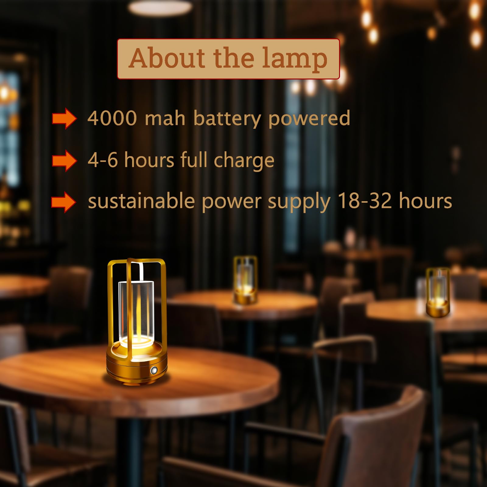 Dolafy Outdoor Table Lamp, 4000Mah Rechargeable Battery Operated Lamp, 3 Color Stepless Dimmable Portable Metal Table Lamp For Patio, Camping, Coffee Table, Crystal Lantern Lamp For Indoor/Outdoor (Gold)