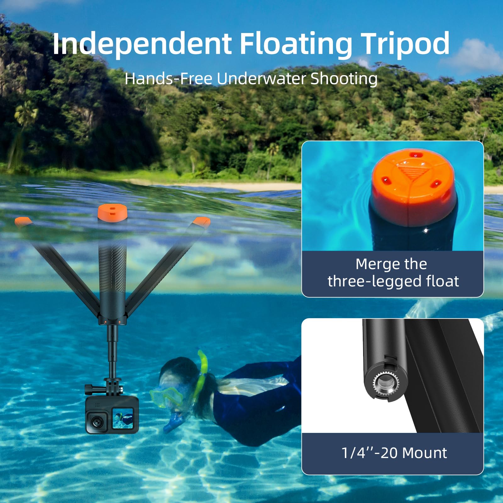 Auykoo Waterproof Selfie Stick Floating Hand Grip Tripod, Extension Monopod Pole Floating Tripod,For Go Pro Hero 13, 12, 11, 10, 9, 8, Dji Osmo Action 5 Pro 4/3,Insta360 Ace,Most Action