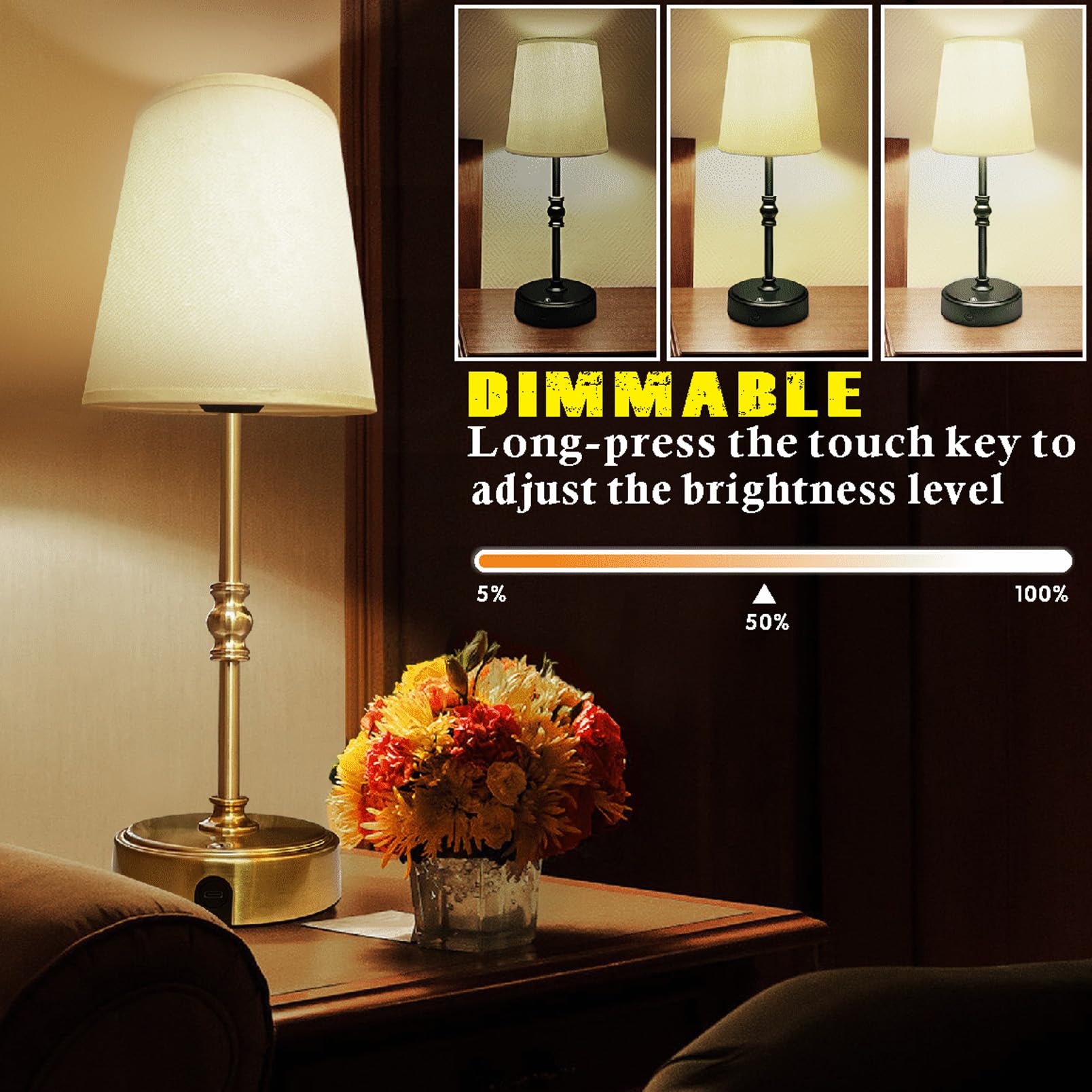 Joculator Bedside Desk Cordless Table Lamp - Dimmable, With Rechargeable Battery For Living Room, Home Office, Patio, Restaurant, Bedside Night Lamp, House Party, And Wedding Ambient Light, Antique Brass