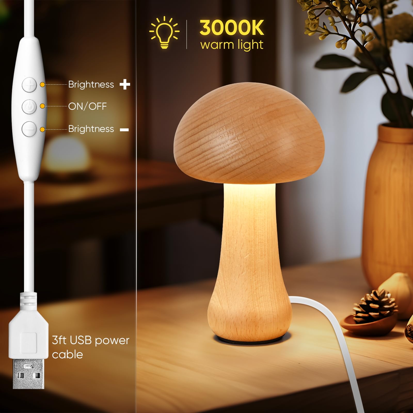 Lonrisway Led Creative Mushroom Table Lamp, Wood Desk Lamp, Bedroom Bedside Night Light, Dimmable Led Lighting, Creative Home Decor Table Lamp, Unique House Warmging