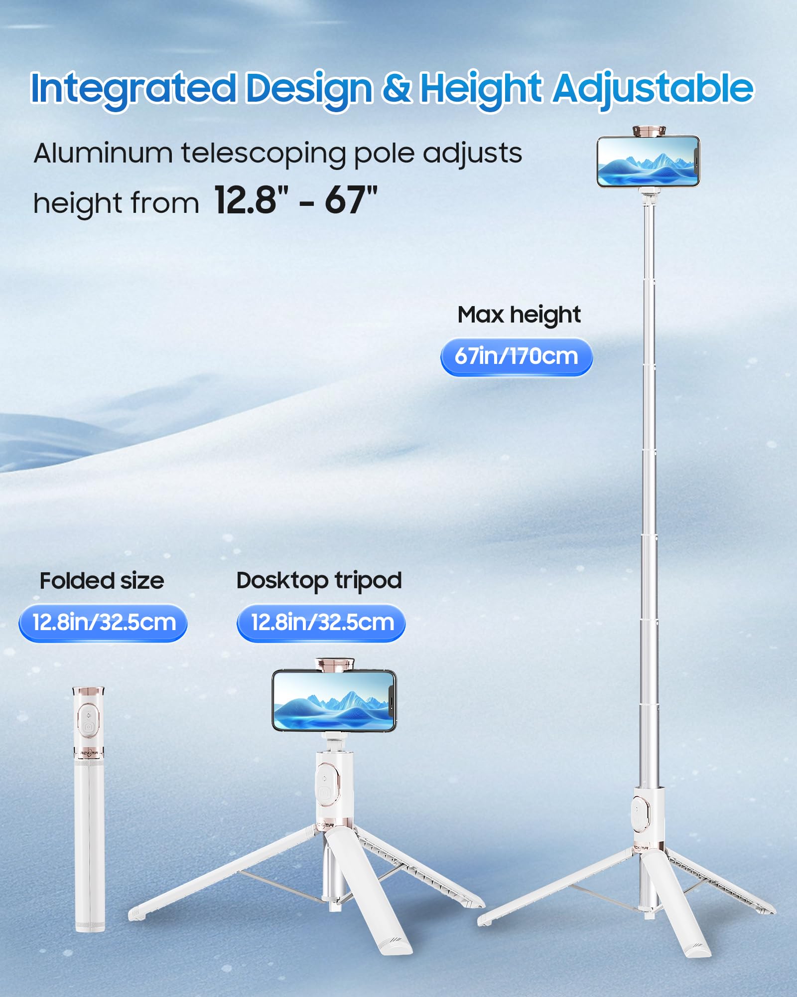 Ackima 67" Selfie Stick Phone Tripod, All-In-1 Cell Phone Tripod With Wireless Remote, Extendable Compact Tripods Portable Travel Stand For Iphone Android Selfie/Video Recording/Live Stream/Vlog