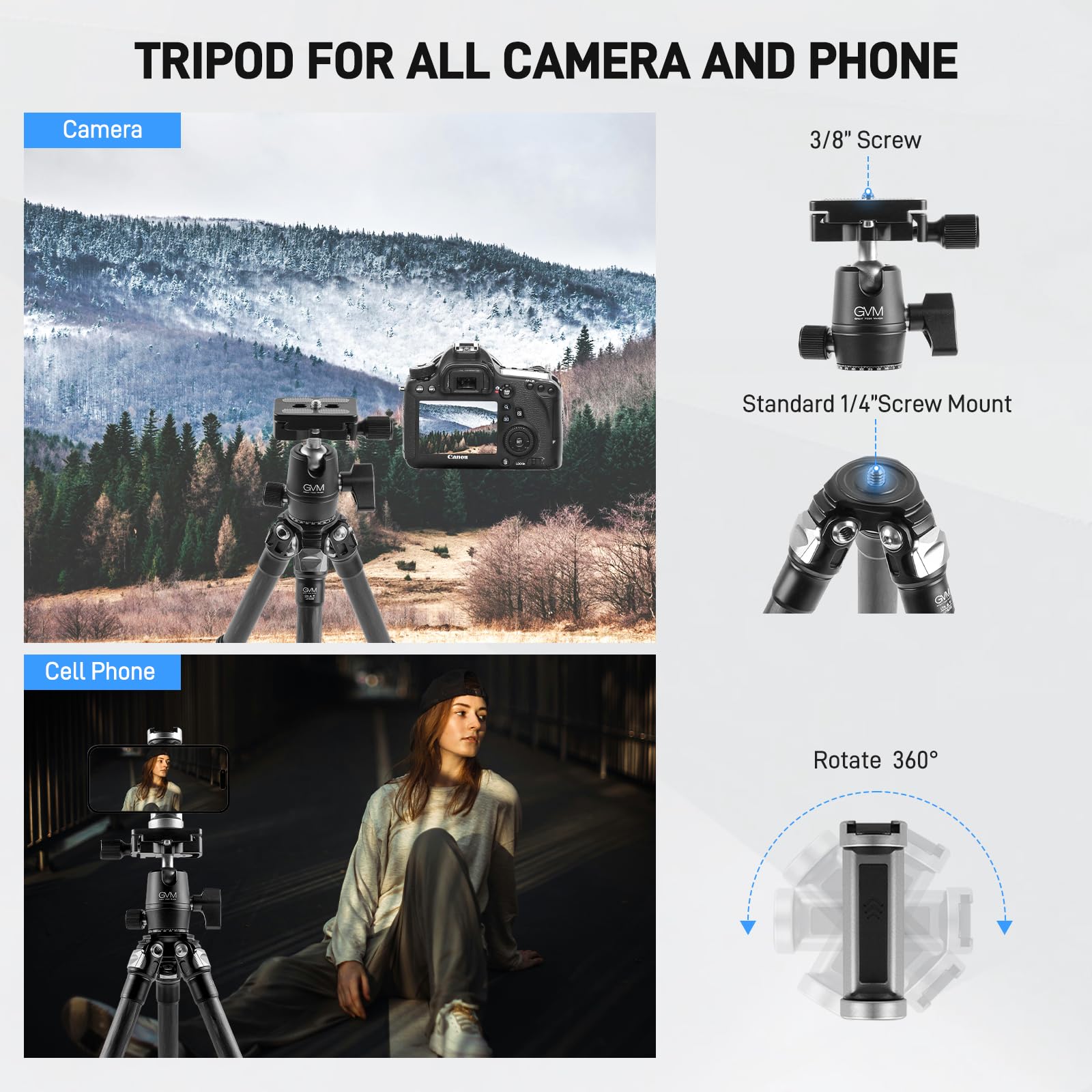 Gvm Great Video Maker Gvm Carbon Fiber Camera Tripod, Tripod For Camera And Phone, Heavy Duty Camera Tripod Stand With 360° Panorama Ball Head Quick Release Plate & Mobile Phone Clip For Max Load 15 Lb