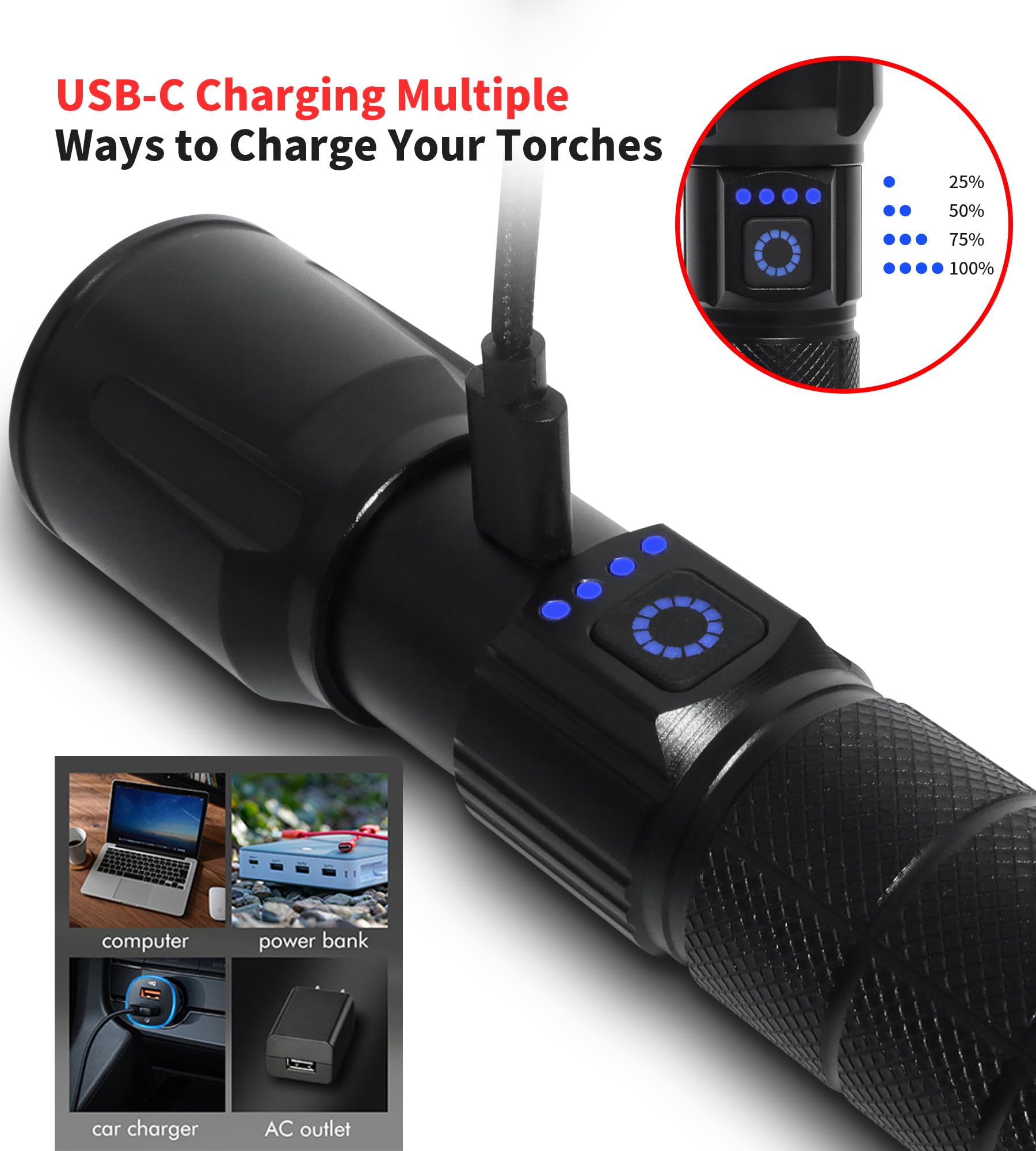 Wahliwahli Led Rechargeable Flashlights High Lumens With Zoomable, Super Bright Tactical Flashlight For Emergencies, Portable Waterproof Powerful Handheld Flash Lights For Camping, Hiking, Home Use