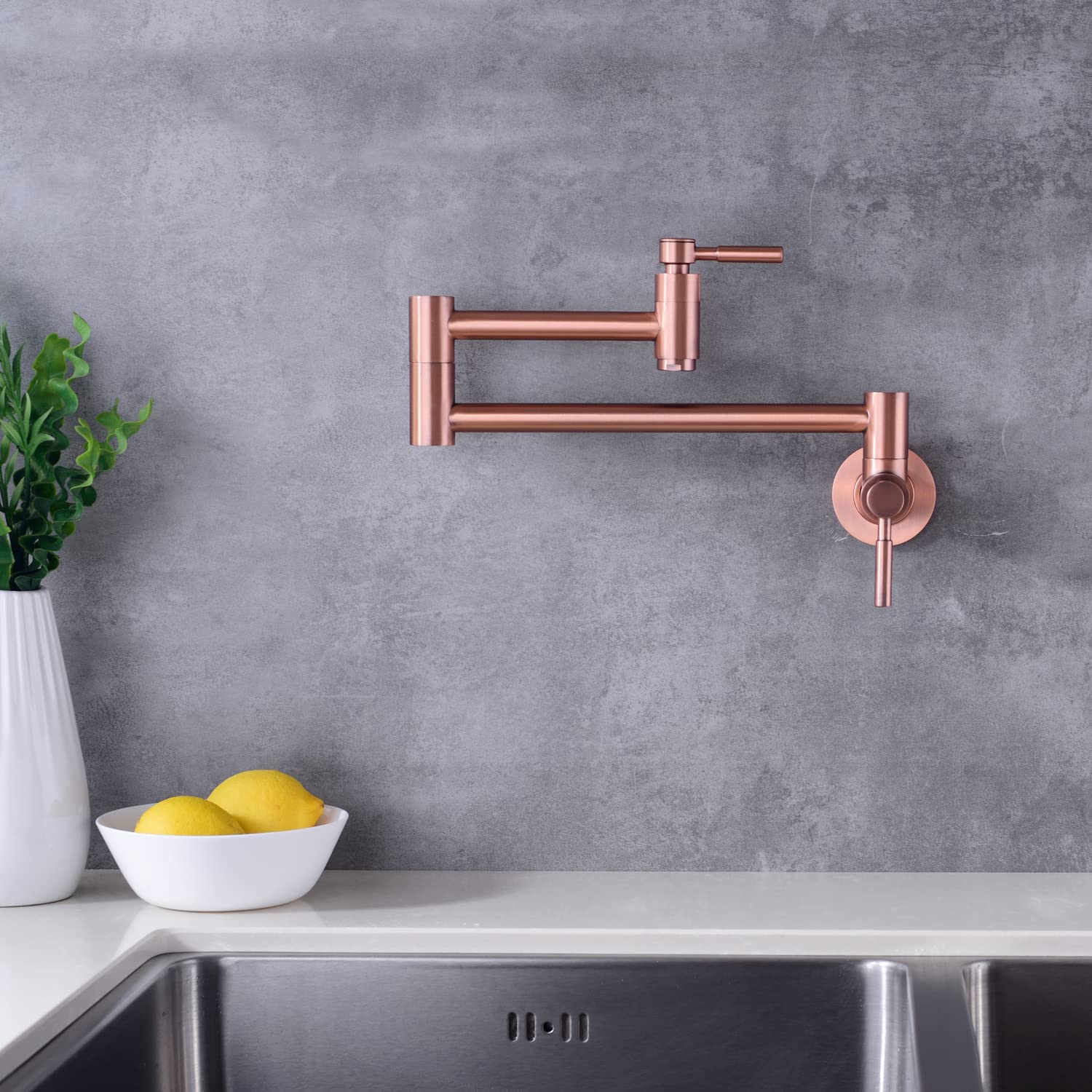 Fonveth Copper Pot Filler Faucet,Brass Pot Filler Wall-Mount,Folding Stretchable Double Joint Swing Arm Single Hole Two Handle Kitchen Sink Pot Filler Faucet Rose Gold
