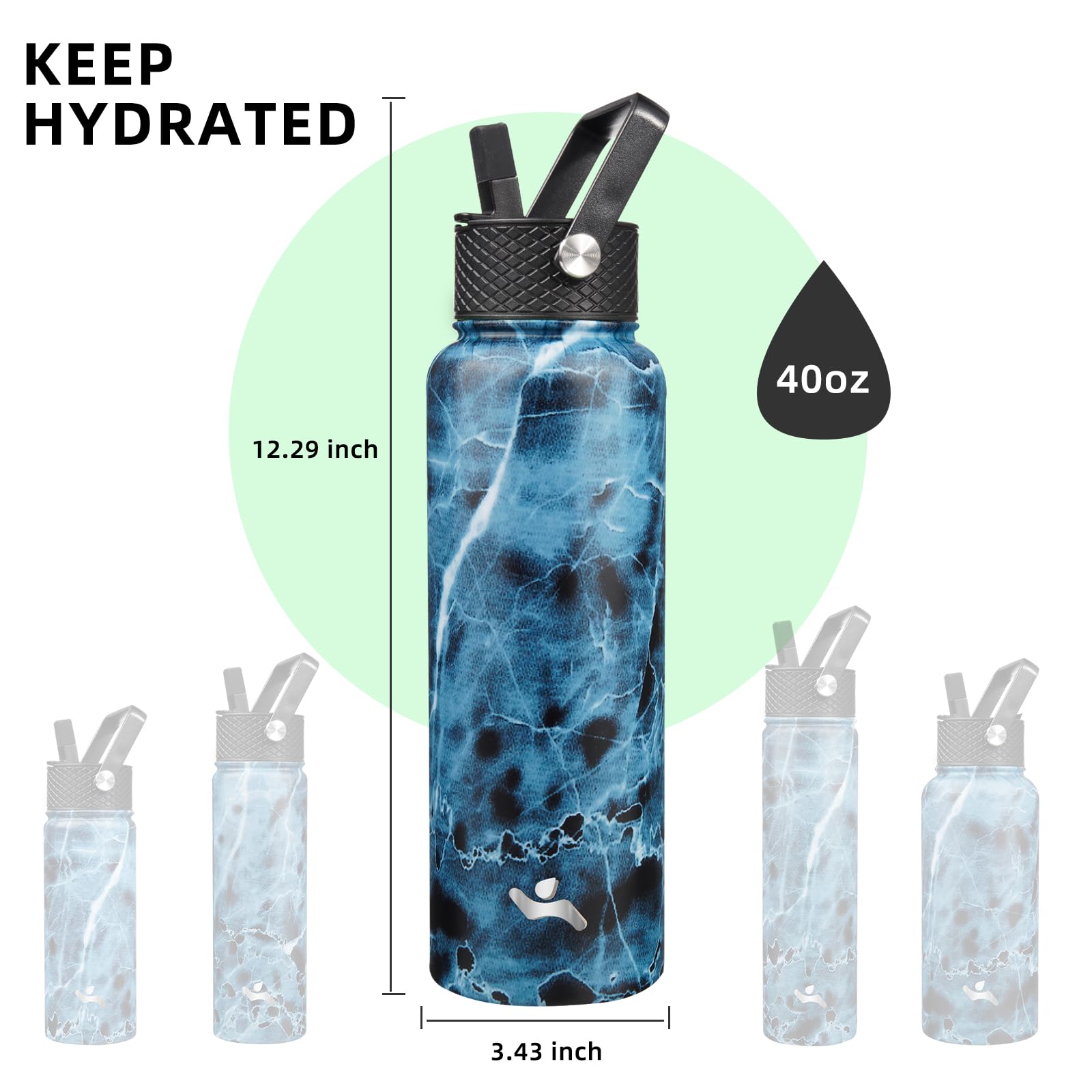 40Oz Insulated Water Bottle Stainless Steel Sport Bottles With 3 Lids,Marble Ocean