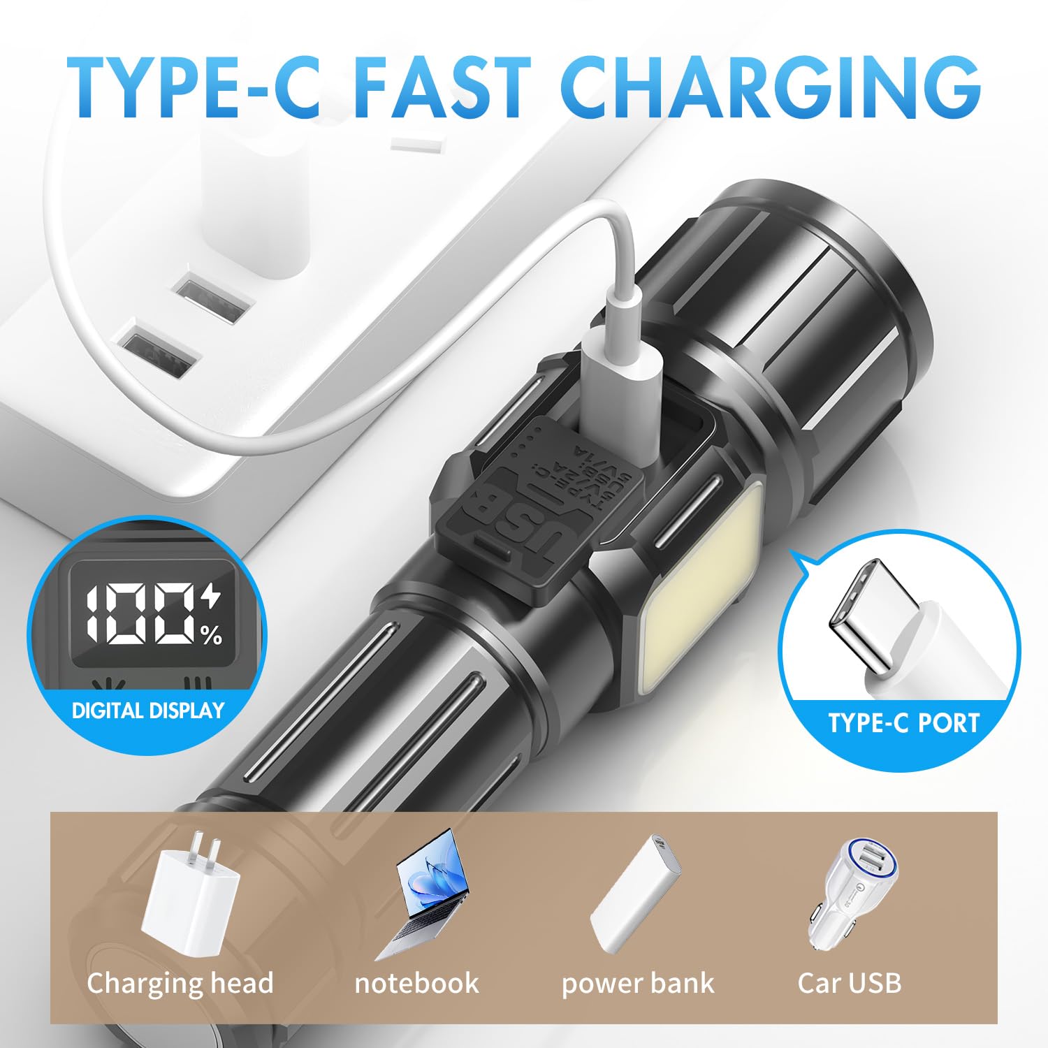 Aiersen Rechargeable Flashlight, 900000 Lumens Ultra Bright Flashlight, Equipped With Lcd Digital Display And Side Lights, 7 Modes, With 5000Mah Battery, Used For Outdoor Camping Handheld Led Flashlight