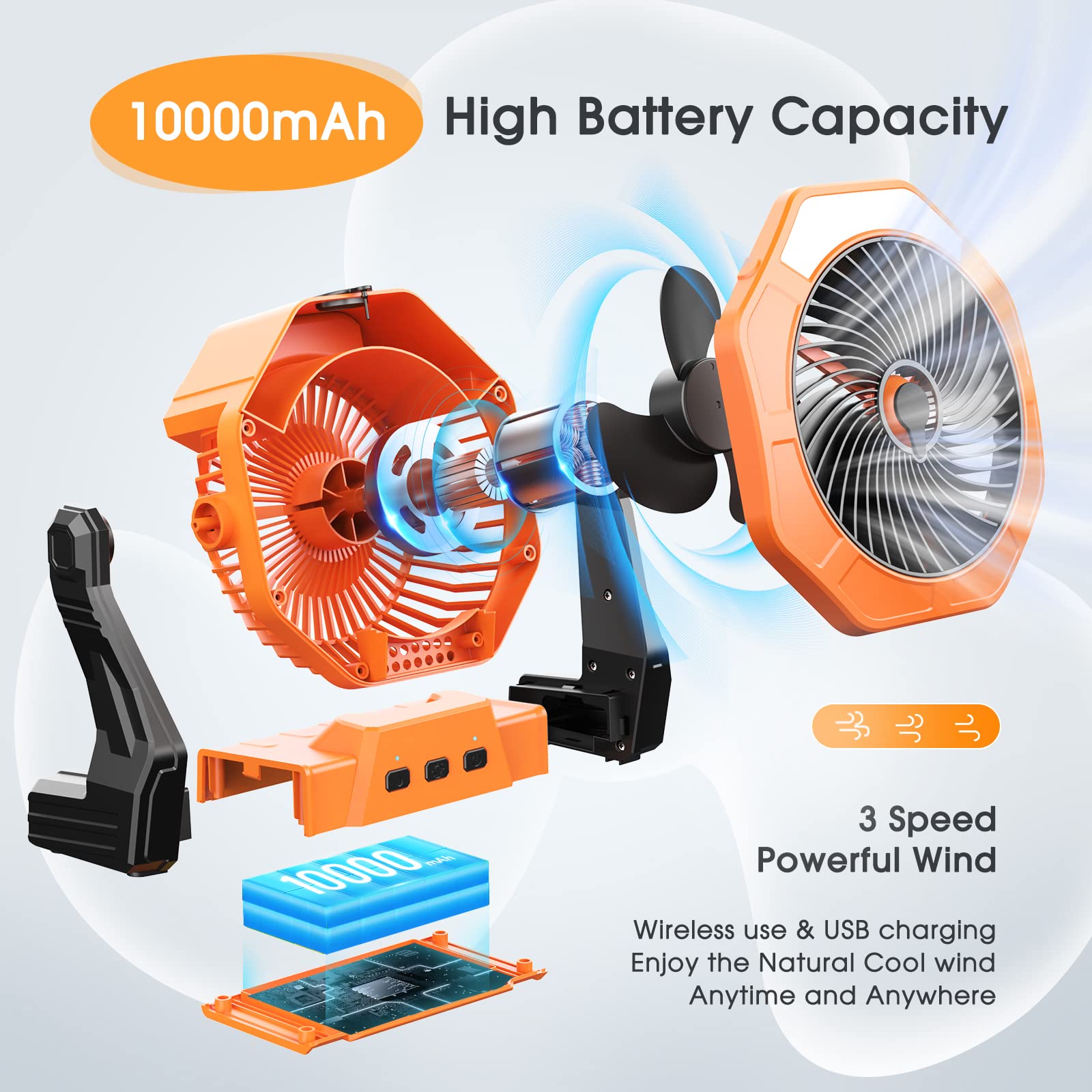 Outdoor cooling with Ausic misting fan, rechargeable and battery-operated, ideal for camping and hot days