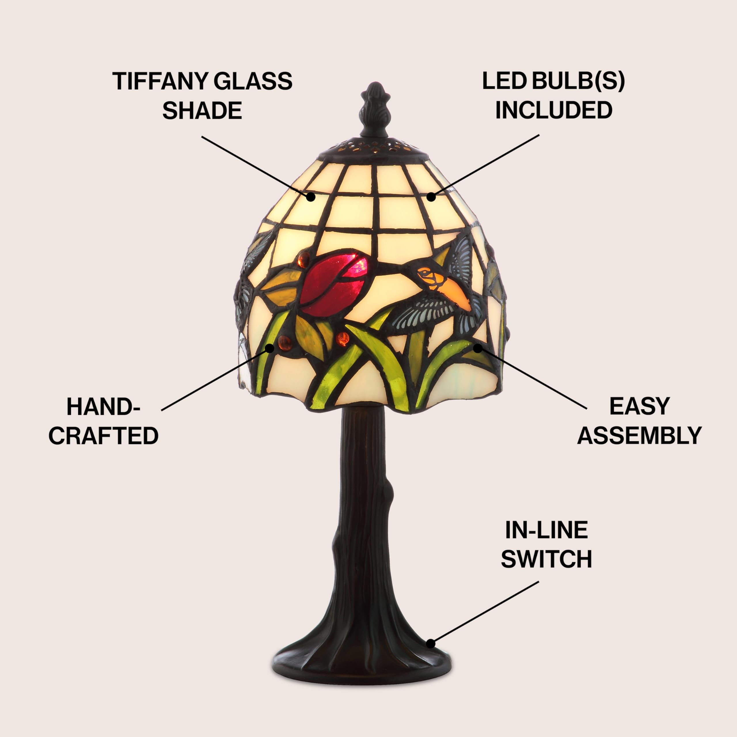 Jonathan Y Jyl8014A Hummingbird Tiffany-Style 12" Led Table Lamp Tiffany,Traditional For Bedroom, Living Room, Office, College Dorm, Coffee Table, Bookcase, Bronze