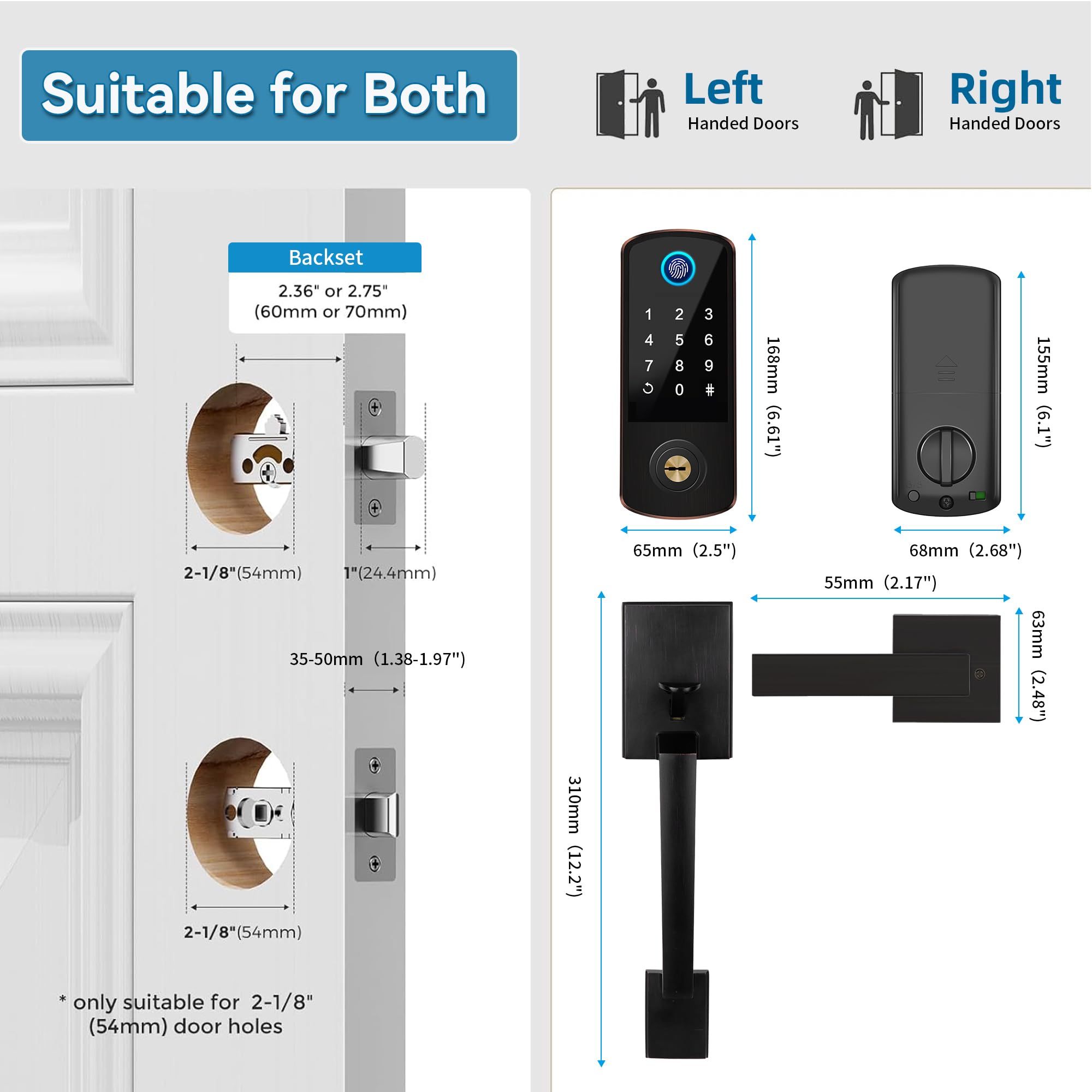 Bebasia Keyless Entry Door Deadbolt With Handle Set, Fingerprint App Smart Door Lock, Digital Keypad Bluetooth Deadbolt Lockset With Auto Lock Code Fob Aged Bronze