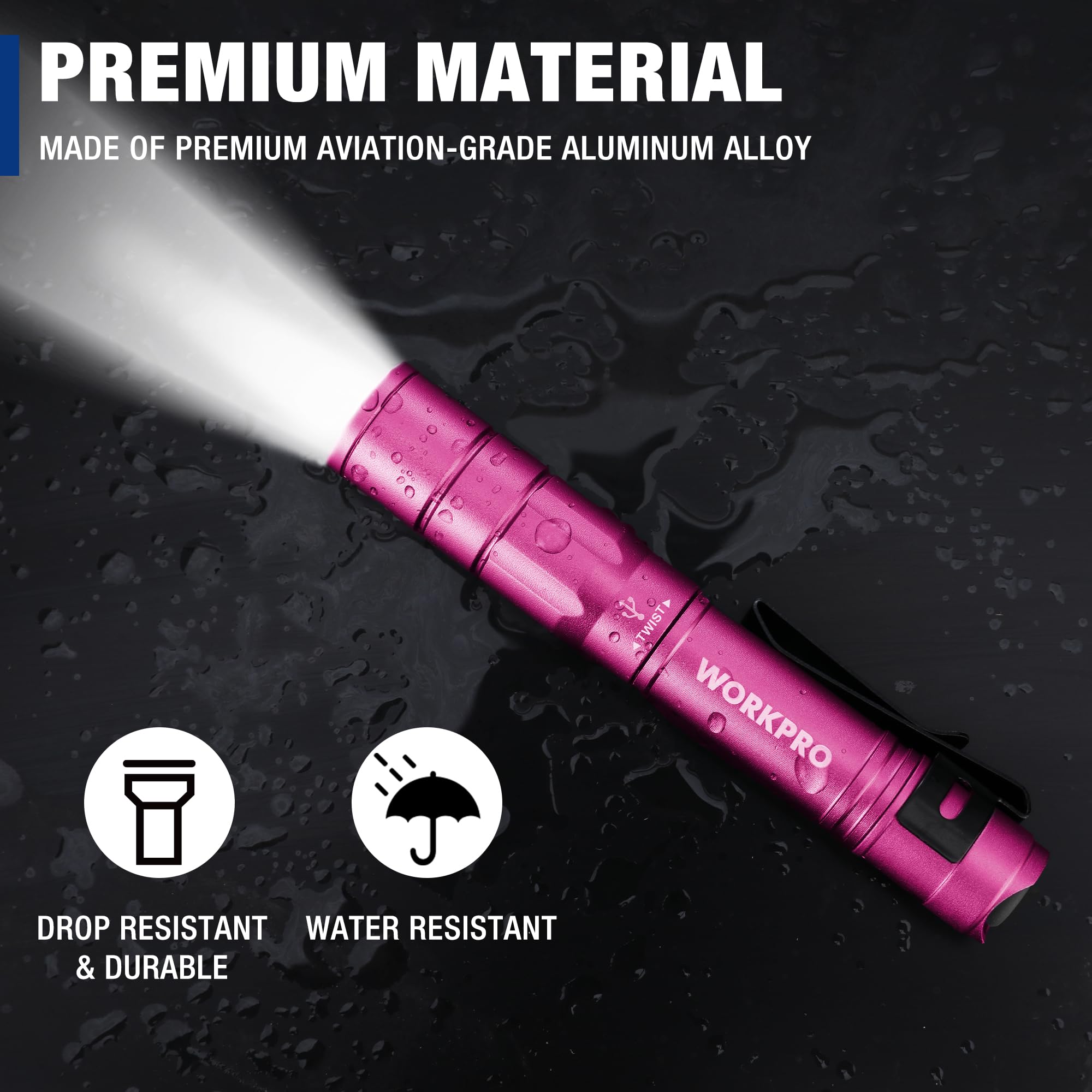 Workpro 2 Pack Rechargeable Pen Light Black & 2 Pack Rechargeable Pen Light Pink
