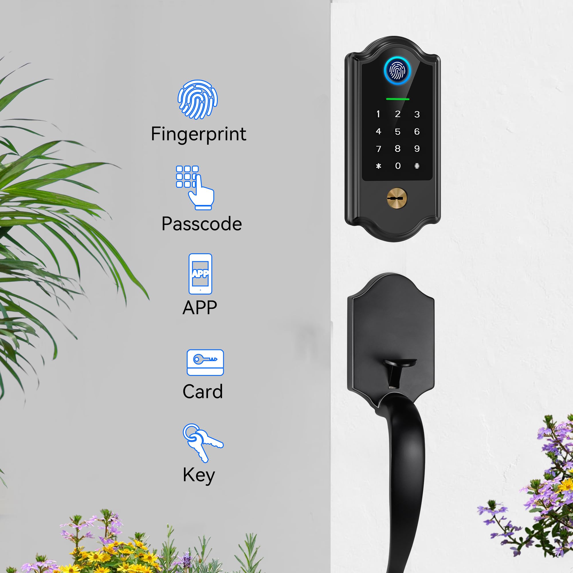 Yosimika Smart Fingerprint Door Lock For Front Door – Keyless Entry Deadbolt With Handle Set, Digital Keypad, App Control, Auto Lock, Easy Install, Matte Black