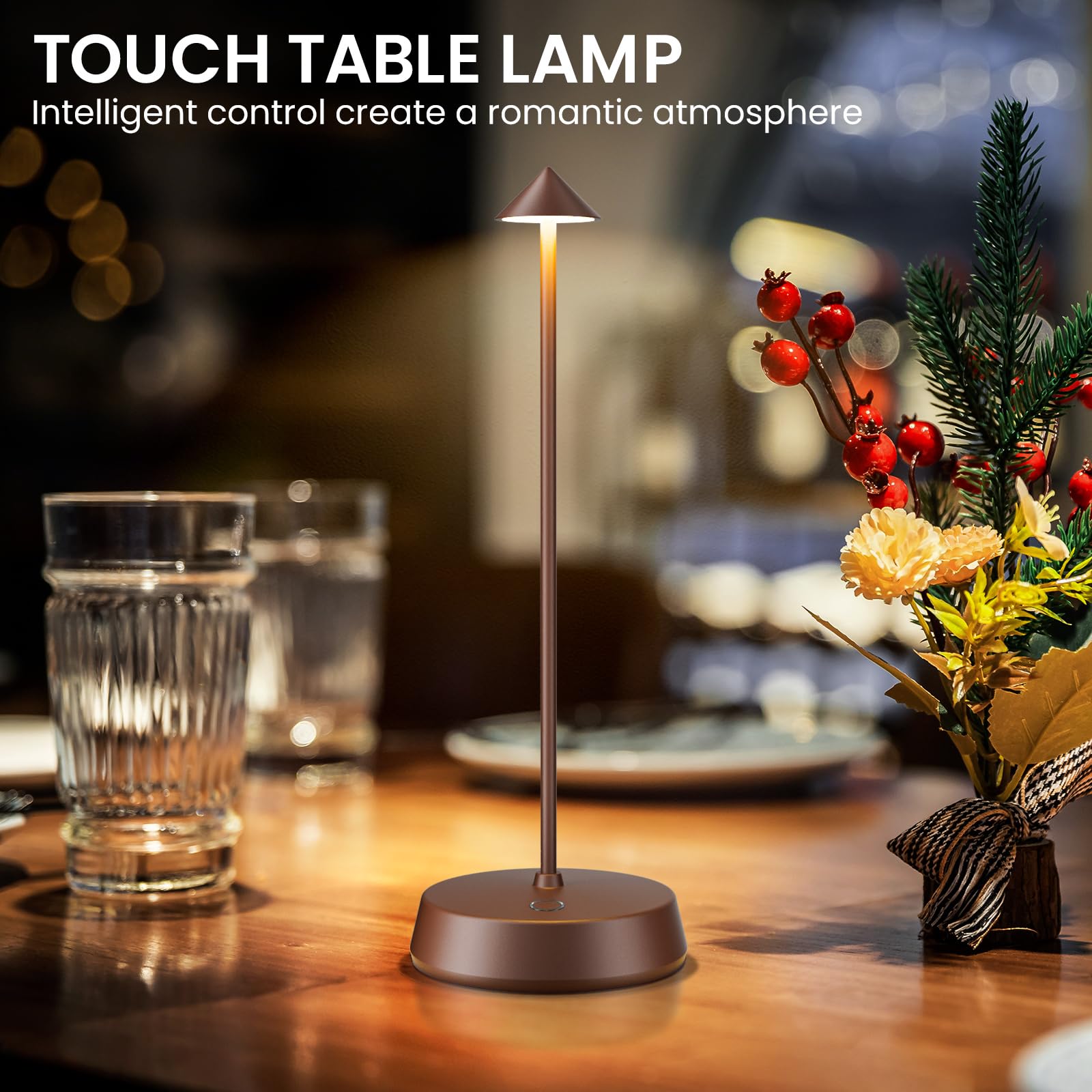 H.W.S Rechargeable Cordless Small Table Lamp,6000Mah Battery Operated,Led Touch Dimmable Modern Tabletop,Portable Outdoor Bedside Night Light For Restaurant/Dining/Bedroom/Living Room/Coffee(Brown-2Pc)