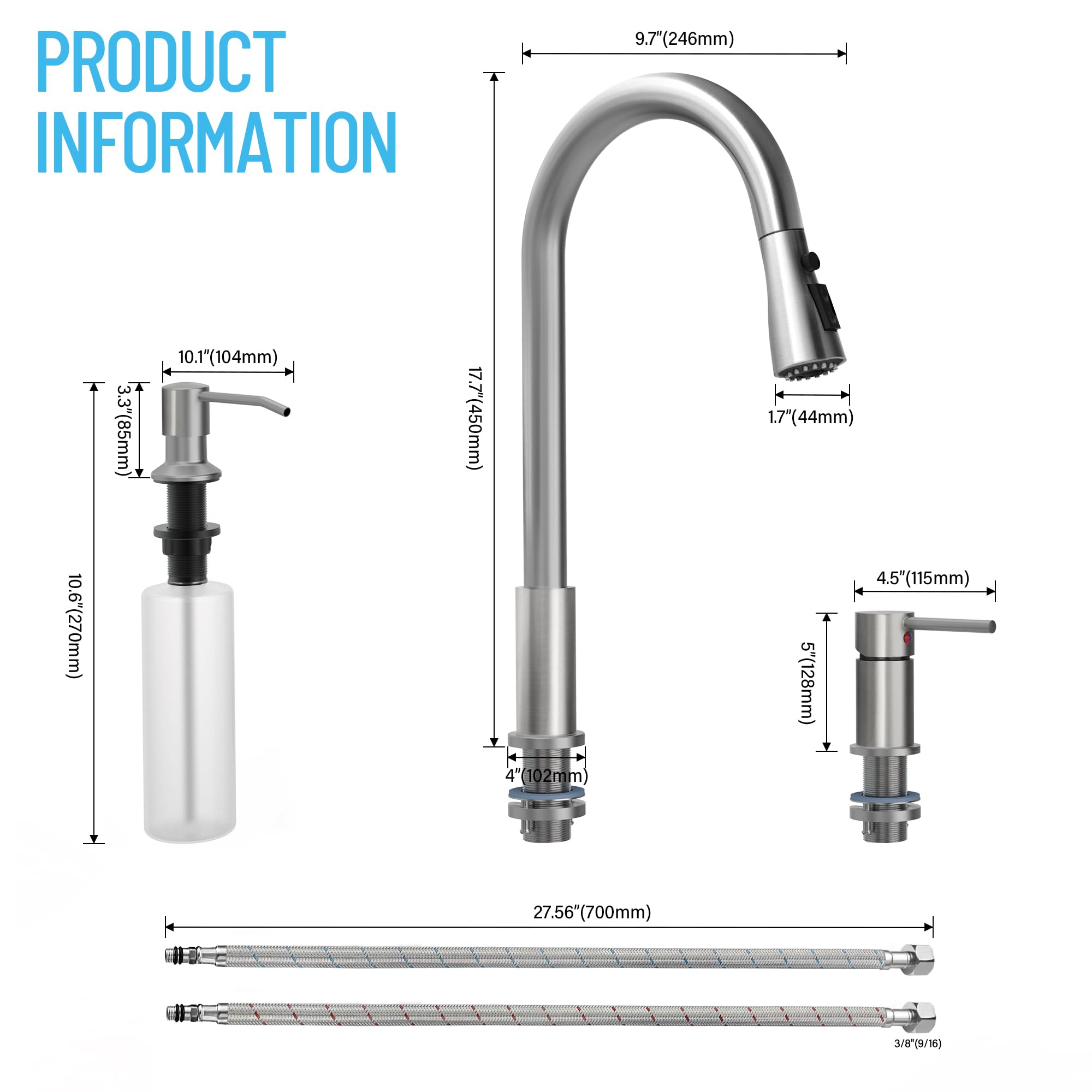 Fropo 3 Hole Kitchen Faucets, Brushed Nickel Kitchen Faucet With Soap Dispenser, Kitchen Faucets With Pull Down Sprayer And Single Side Handle 3 Pieces, Stainless Steel High Arc Kitchen Sink Faucet