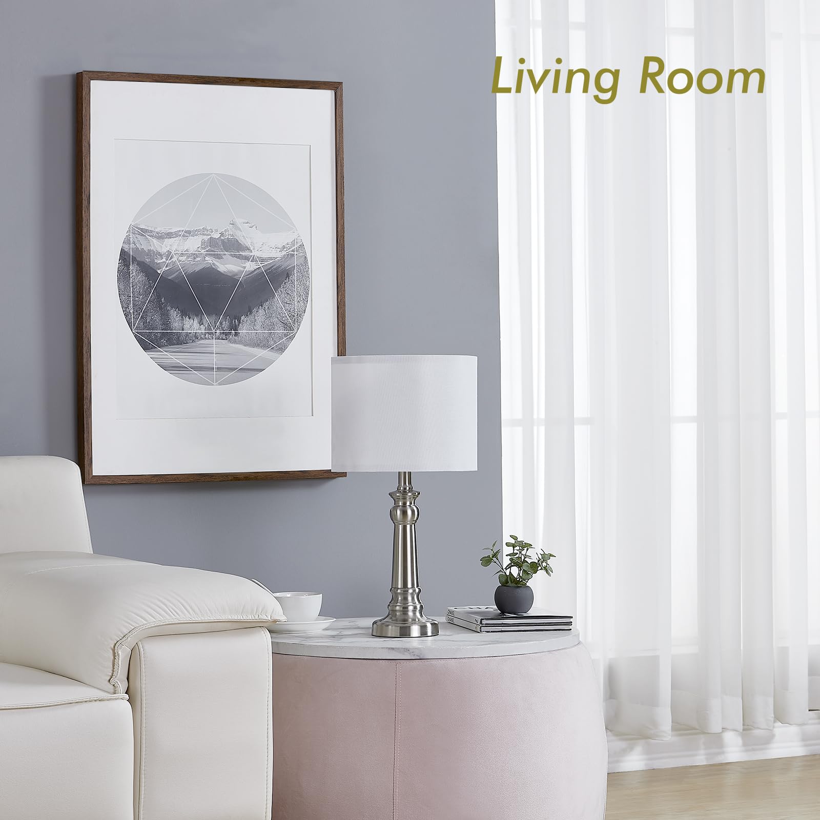 Ltgsrc Table Lamps For Living Room, Modern Bedroom Lamps Set Of 2 With Nickel Metal Base White Round Shades For Reading, Decor Silver Lamps For Night Stands, Led Bulbs Included