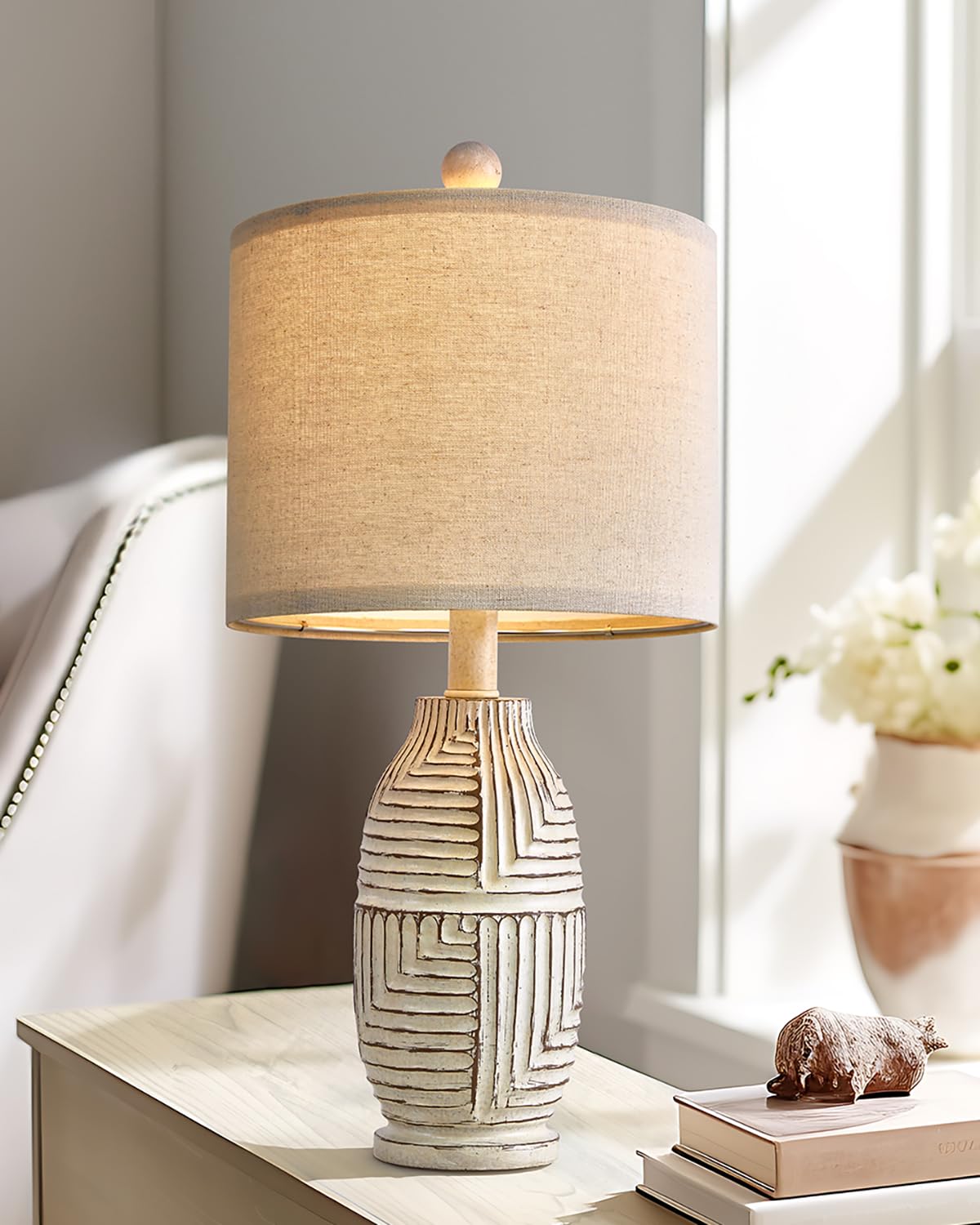G-Safava 20.25" Farmhouse Single Resin Lamp For Bedroom Living Room Retro Rustic Vintage Small Boho Lamps Bedside Nightstand Light Home Office Desk Deco (White)
