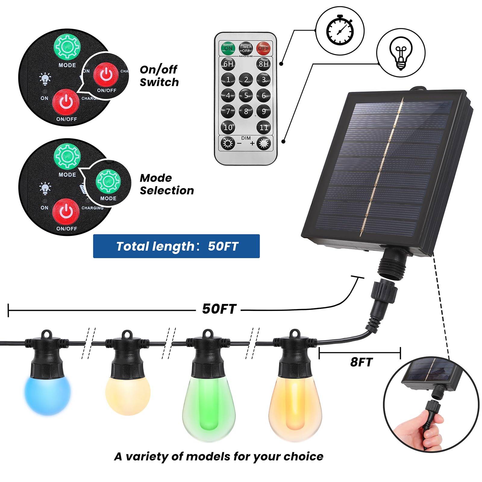 Dukvi 50Ft Solar Christmas String Lights Outdoor,15 Edison Bulbs Commercial Grade Waterproof Patio Light, Camping String Lights Hanging Shatterproof G40 Led Bulbs For Outside Backyard Party (Rgb)