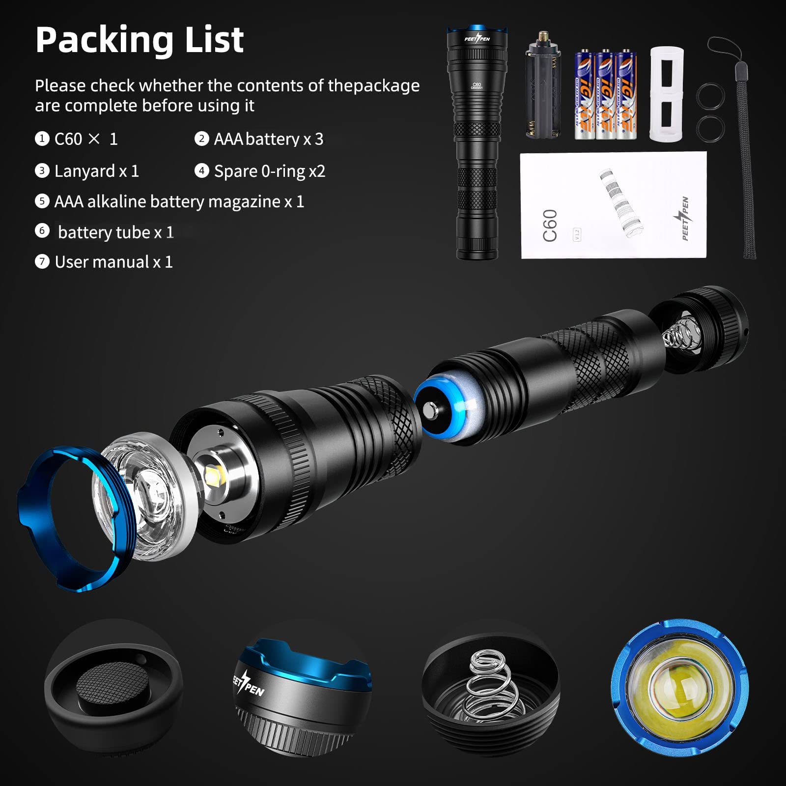 Peetpen C60 Super Bright Flashlight Zoomable, Led Flashlight Ipx6 Waterproof, Rechargeable Utility Flash Light, Suitable For Camping, Hiking, Night Riding, Home Emergency