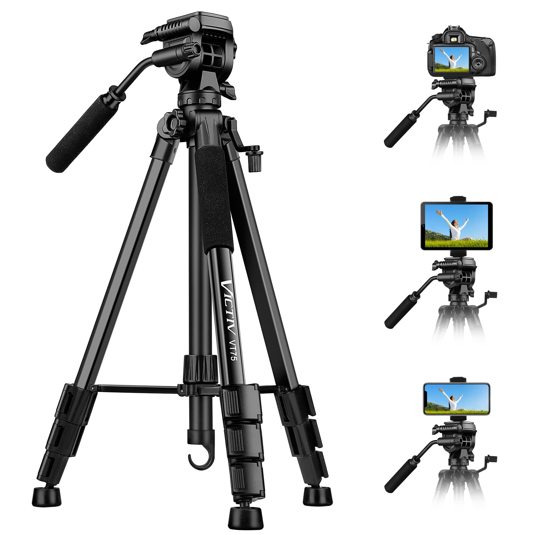 Victiv 73" Tripod For Camera With Fluid Head - Heavy Duty Stand For Dslr, Cell Phones, Spotting Scopes & Webcam - Complete Unit With Tablet & Phone Mount