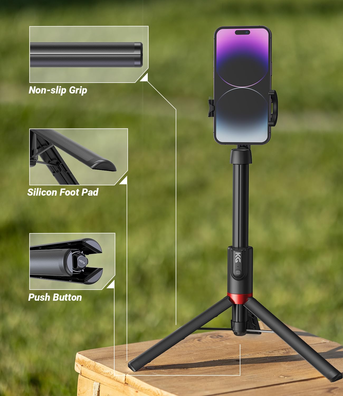 Kraftgeek Tripod For Iphone, 51" Phone Tripod Stand For Iphone And Android, Portable Cell Phone Selfie Stick With Remote For Video Recording, Vlogging And Content Creation, Black & Red