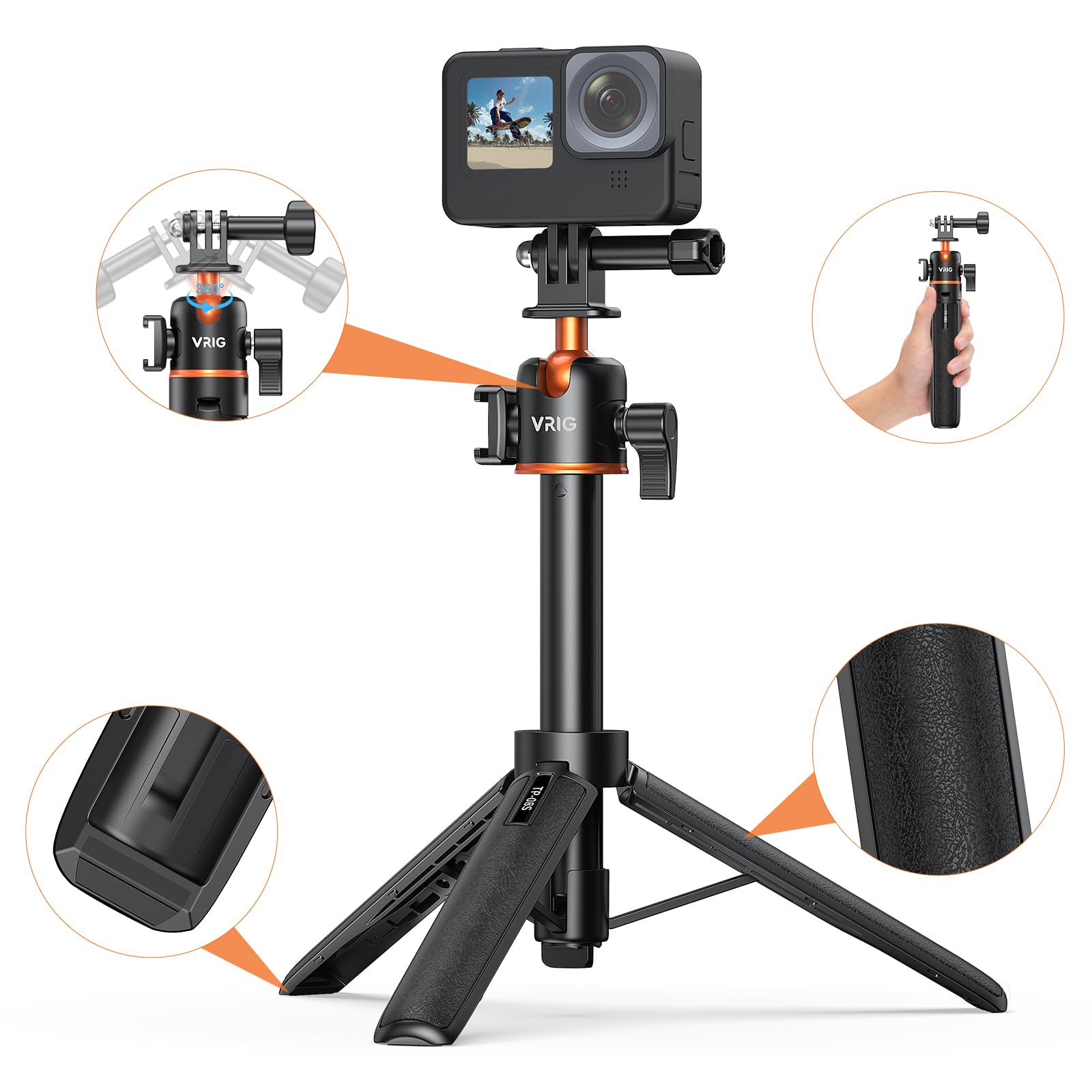 Vrig Select Vrig 21" Extendable Selfie Stick Tripod For Gopro With 360° Ballhead, Portable Vlog Selife Stick Tripod Stand For Dji Osmo Action 5Pro/4/3,Gopro Max Hero 13 12 11 10 9 8 7 6 5/Insta 360 Ace Pro