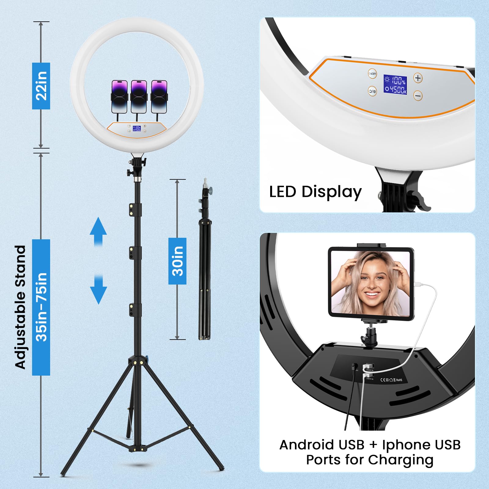 Mactrem 22'' Ring Light With 75'' Tripod Stand, Led Display/2 Usb Ports/6500K Dimmable Ring Light For Ipad Phone Holder For Tattoo Lash Live Makeup Video Recording Tiktok Barber Stylist Photography