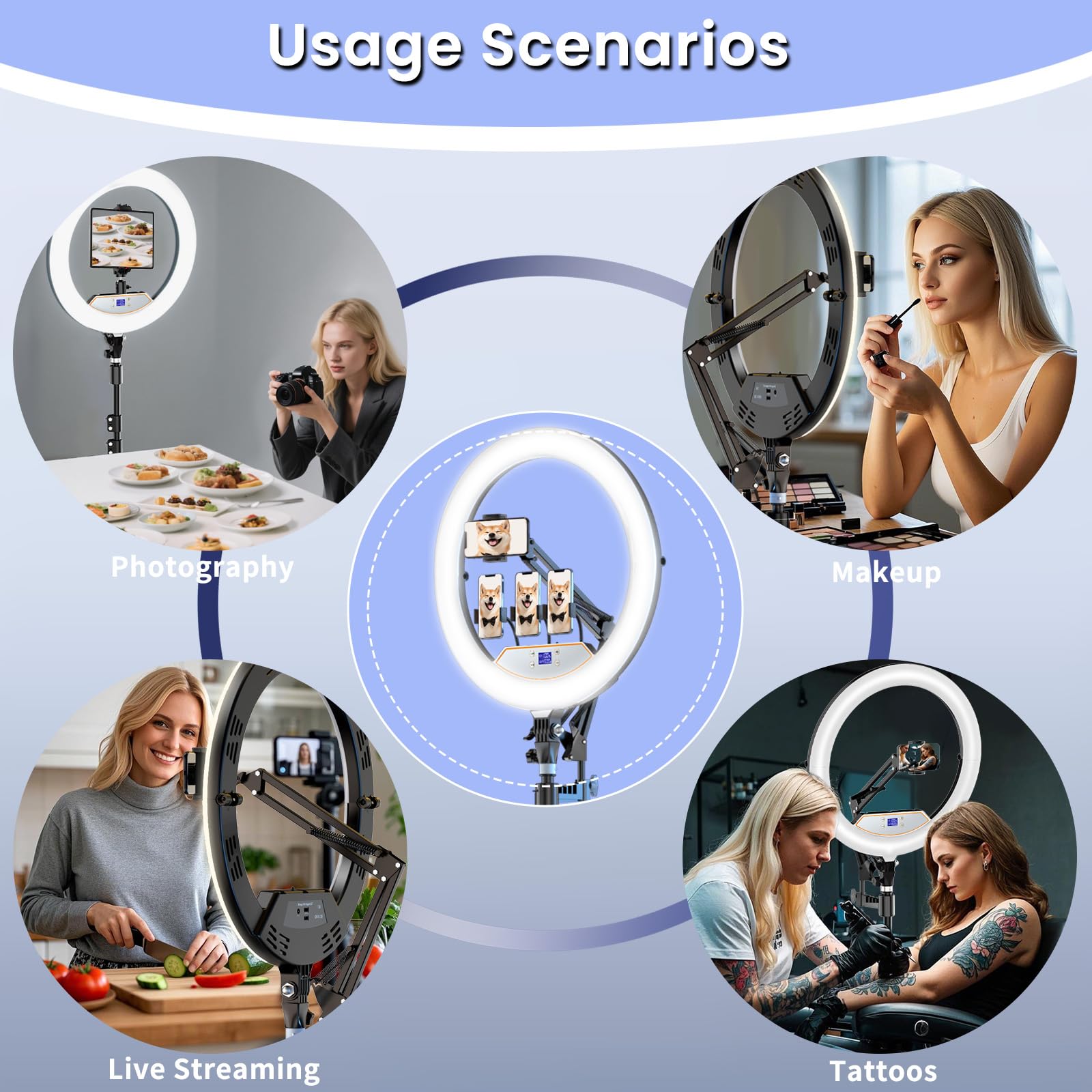 Mactrem 22" Foldable Large Ring Light With Stand For Iphone Ipad,75" Tripod With Overhead Shooting Bracket 50W 6500K 4 Clips/Lcd Display/2 Usb Portstattoo Barber Makeup Studio Video Photography Lighting