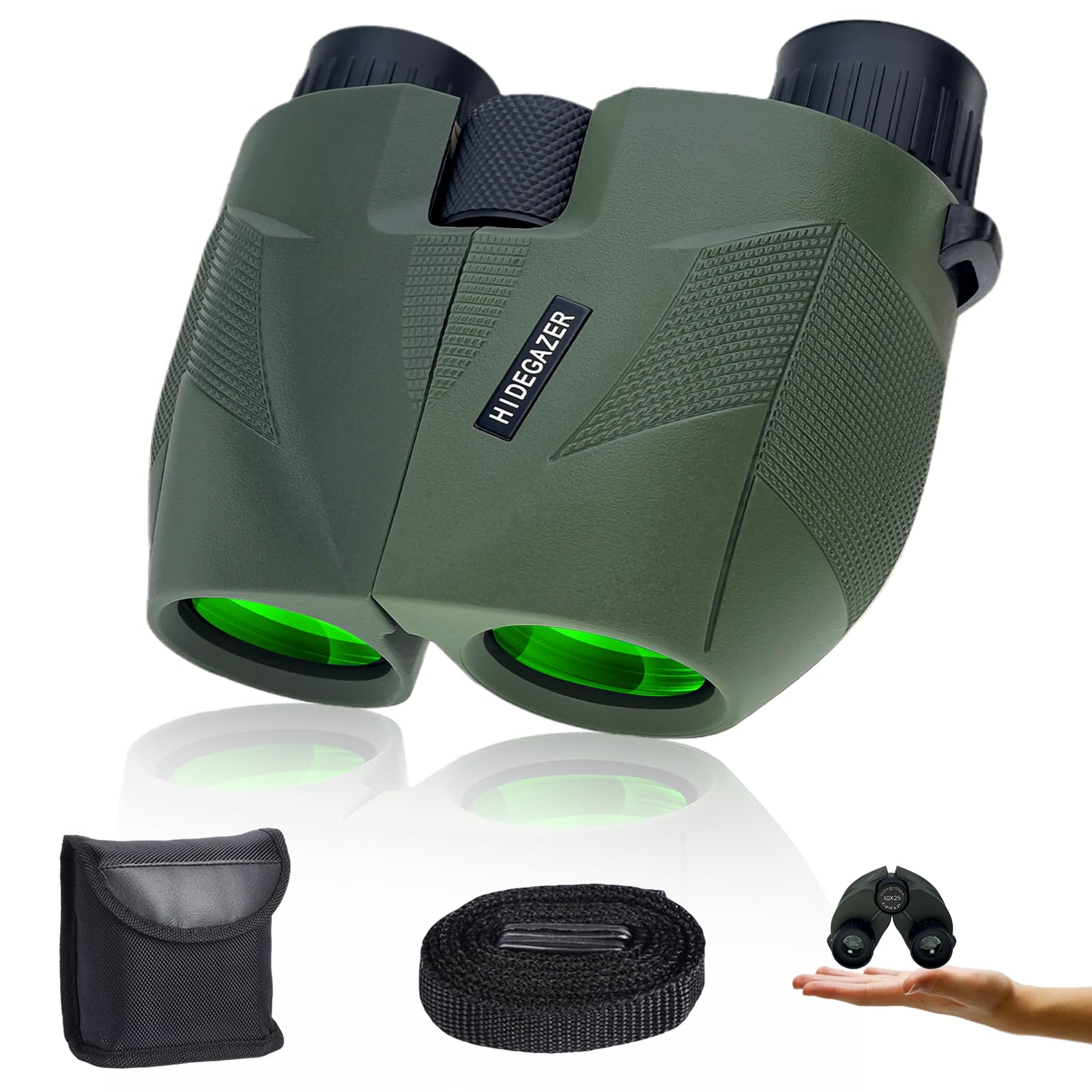 Hidegazer High Powered Binoculars For Adults And Kids，10X25 Compact Binoculars For Bird Watching - Easy Focus Binoculars With Large Eyepiece For Hunting,Travel,Hiking And Sport Games (Olive)