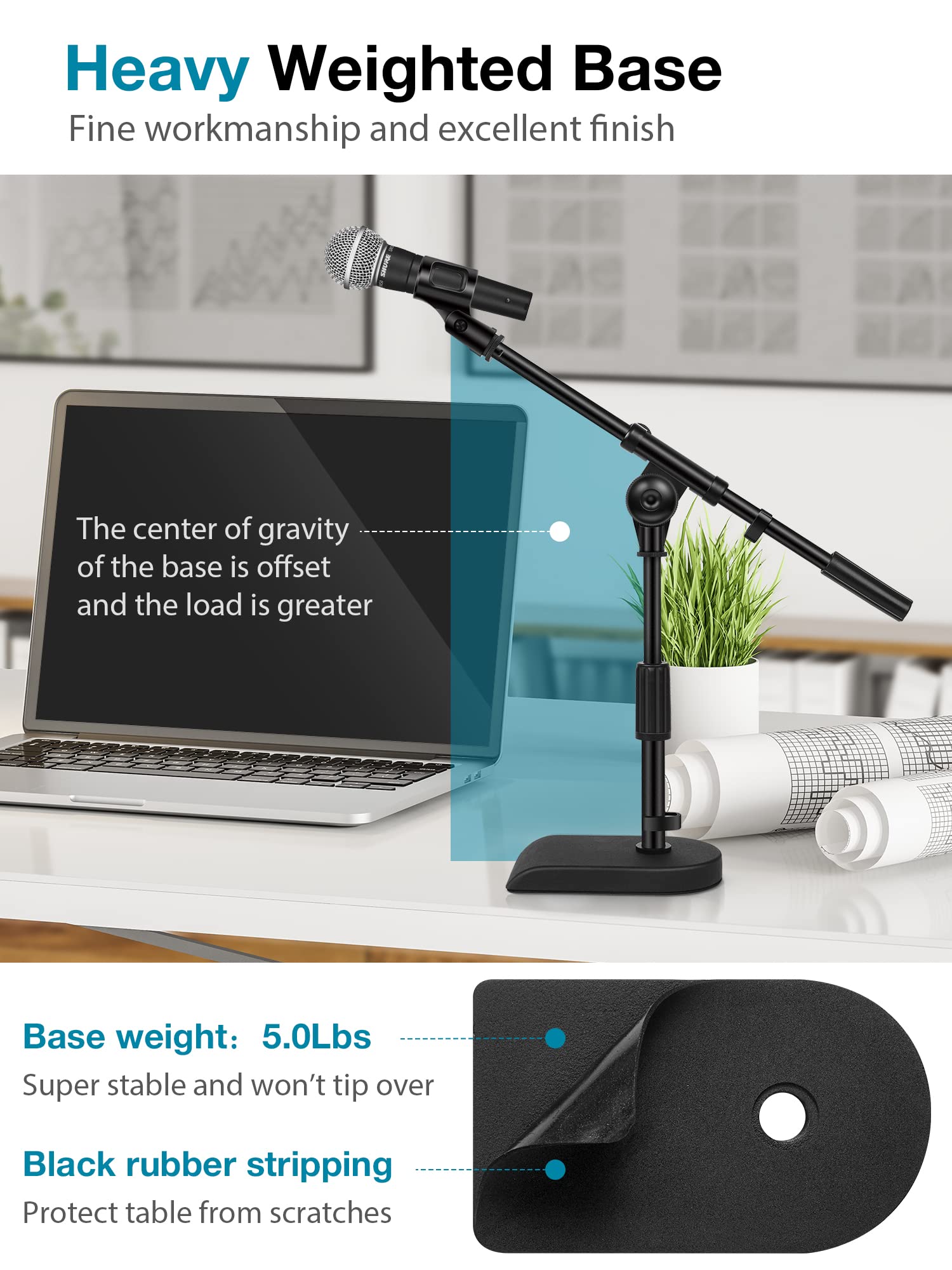 Innogear Boom Stand With Weighted Base & 8 Pieces Mic Stand Adapter For Microphone Stand Boom Arm Mic Clip Shock Mount Camera Tripod Webcam