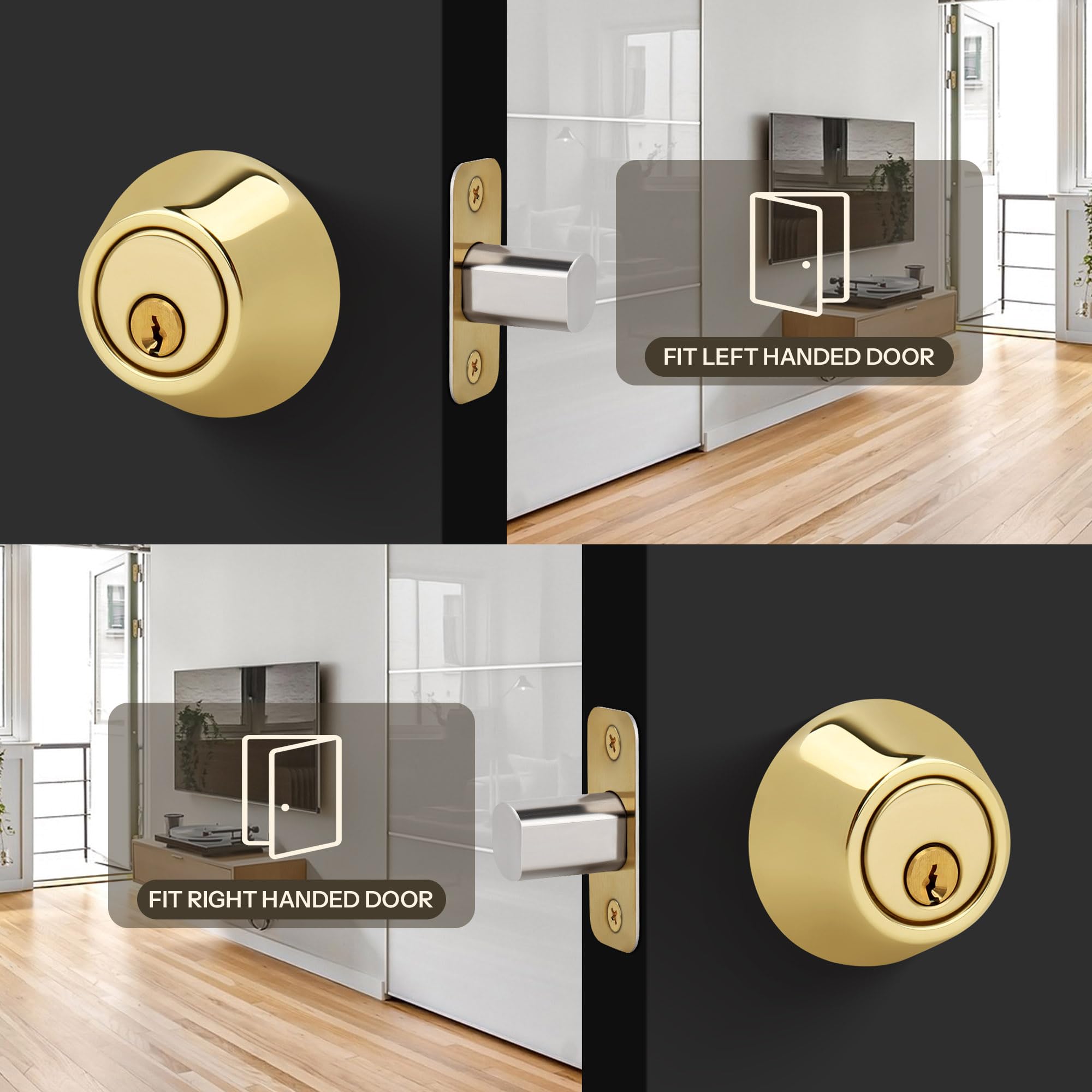 Loqron Round Design Single Cylinder Deadbolt With Keys, Exterior Keyed Dead Bolt Lock For Front Entrance Door Security, Polished Brass