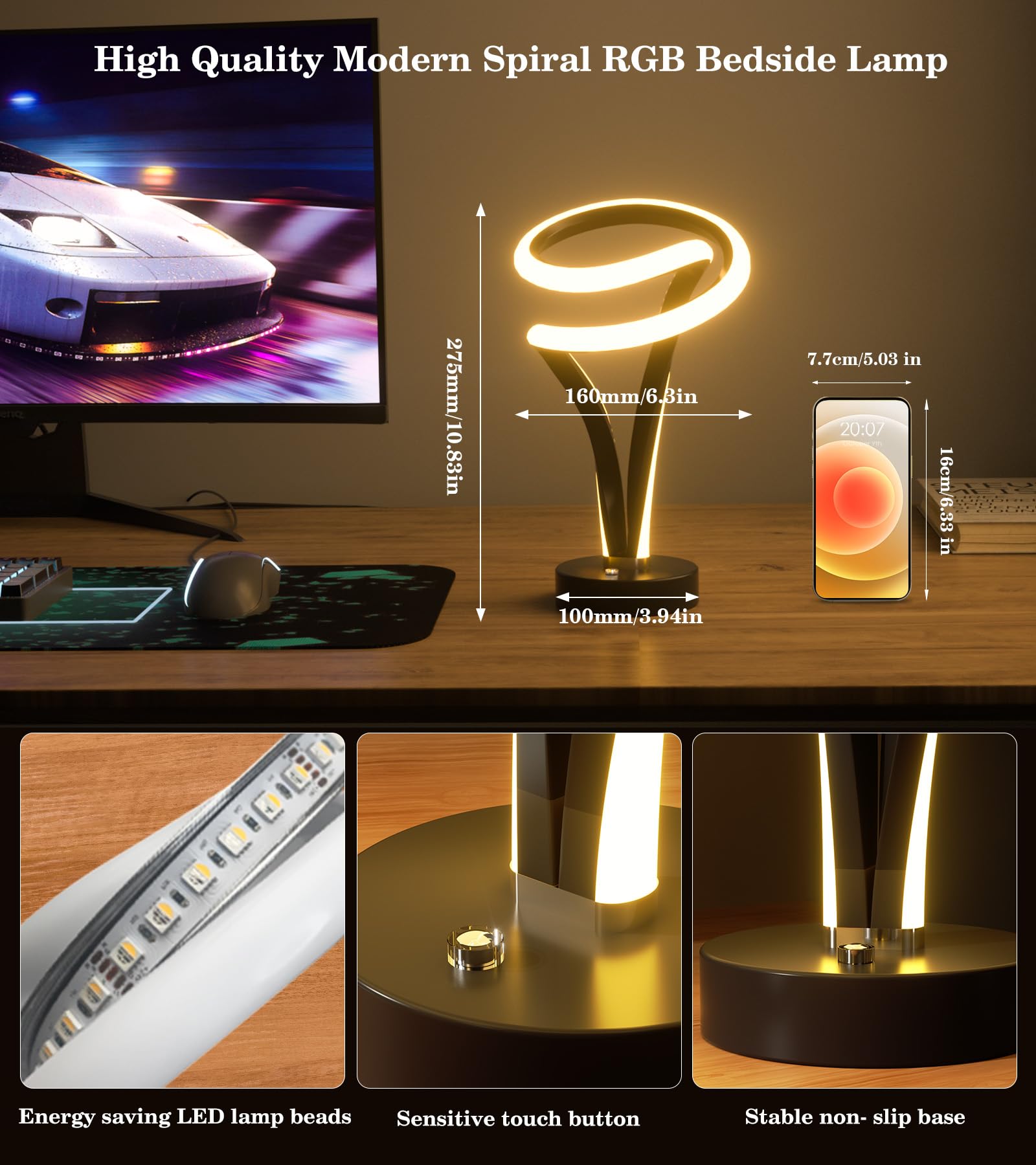 Putwish Spiral Rgb Table Lamp For Nightstand, 12 Colors Changing Lamp With Remote & Touch Control, Small Modern Led Lamp Memory Function For Bedroom, Living Room