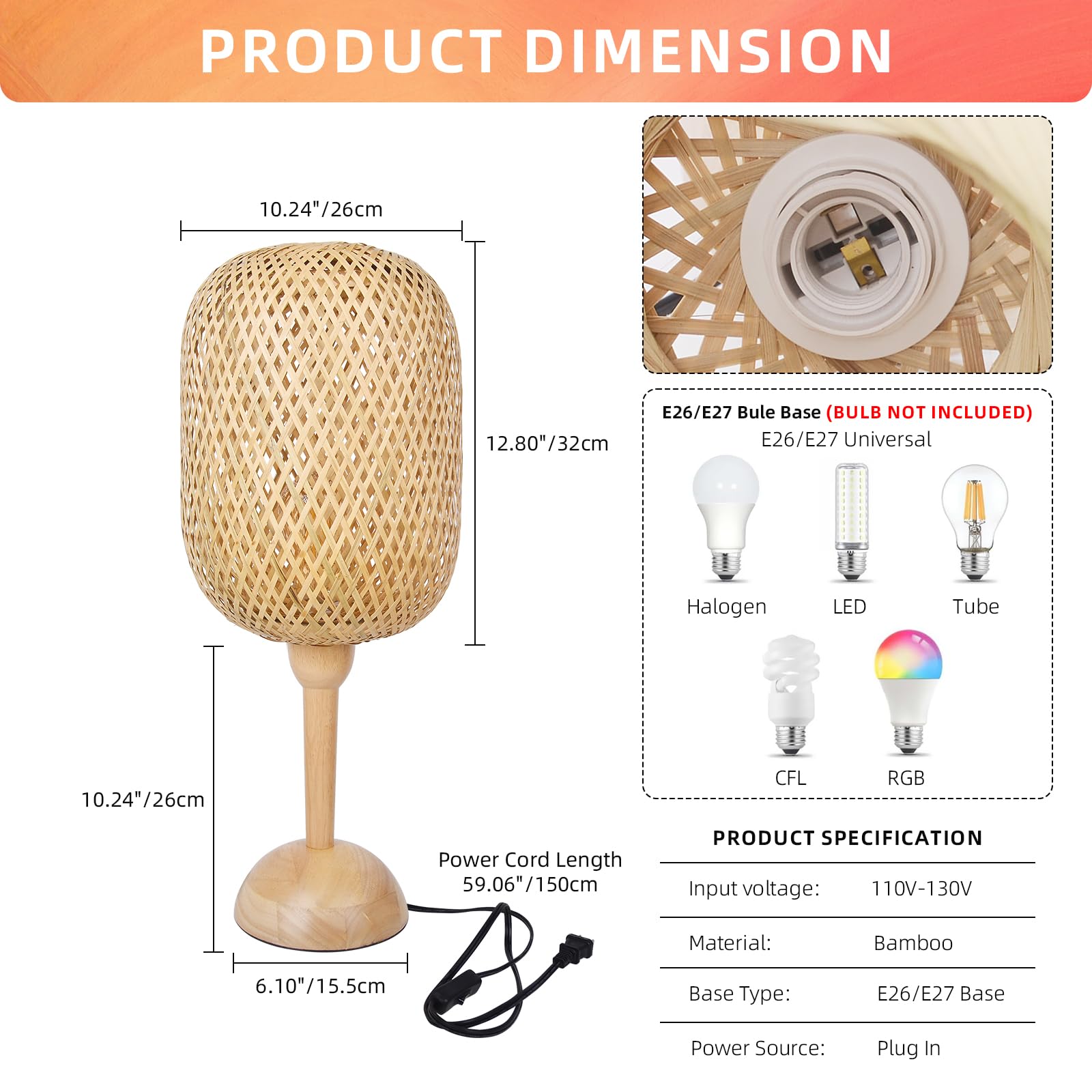 Arturesthome Large Bamboo Weaving Table Lamp With Wooden Base Eye-Caring Bedside Night Light,Wicker Table Lamp Rustic Desk Lamp For Kids Room,Home Decor
