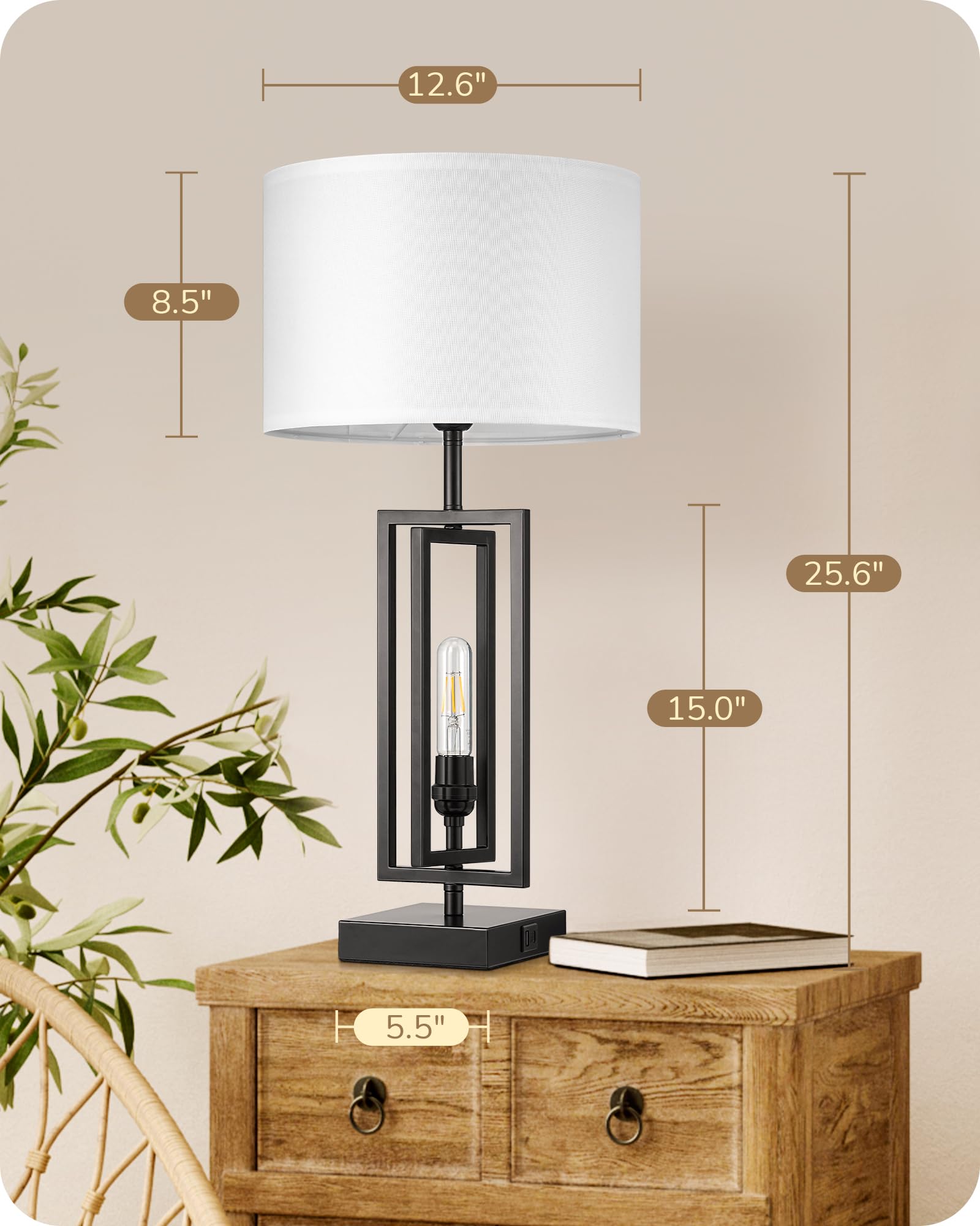 Edishine 25.6" Tall Table Lamp With Night Light, Farmhouse Bedside Lamp Set Of 2 With Usb Charging Ports, Touch 3-Way Dimmable Nightstand Lamp For Living Room, Bedroom, Home Decor