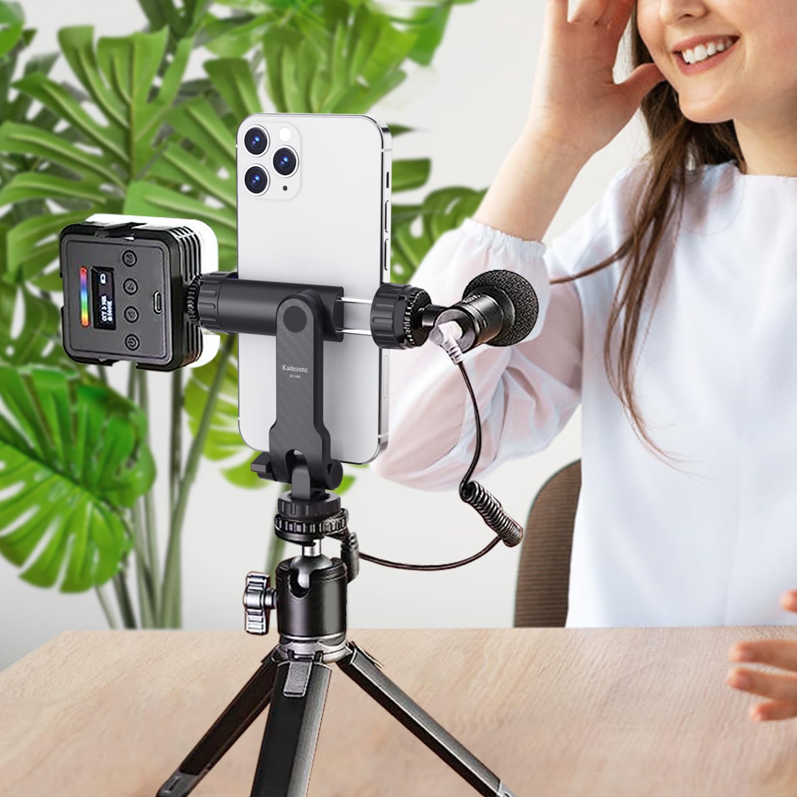 Kaitezenz Cell Phone Tripod Mount, Universal Tripod Phone Mount With 2 Cold Shoes, 360° Rotates 180° Tilts Camera Hot Shoe Phone Mount Smartphone Tripod Holder Adapter For Iphone Samsung All Phone