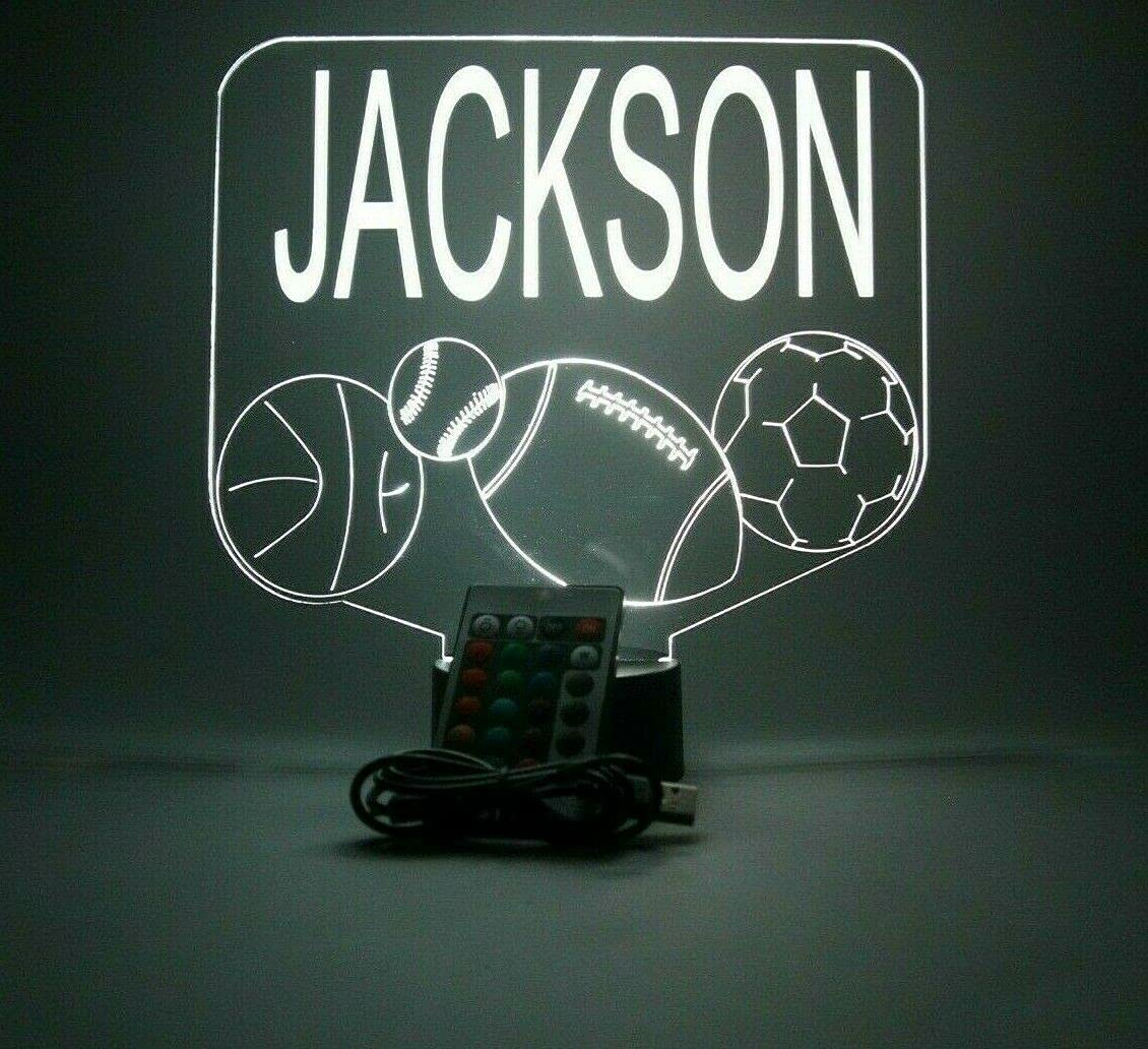 Mirror Mania Sports Array Soccer Ball Baseball Football Basketball With Custom Name Night Light Up Lamp Led Engraved Custom Name Personalized Athletic Table Lamp With Remote, 16 Colors, It'S Wow, Great