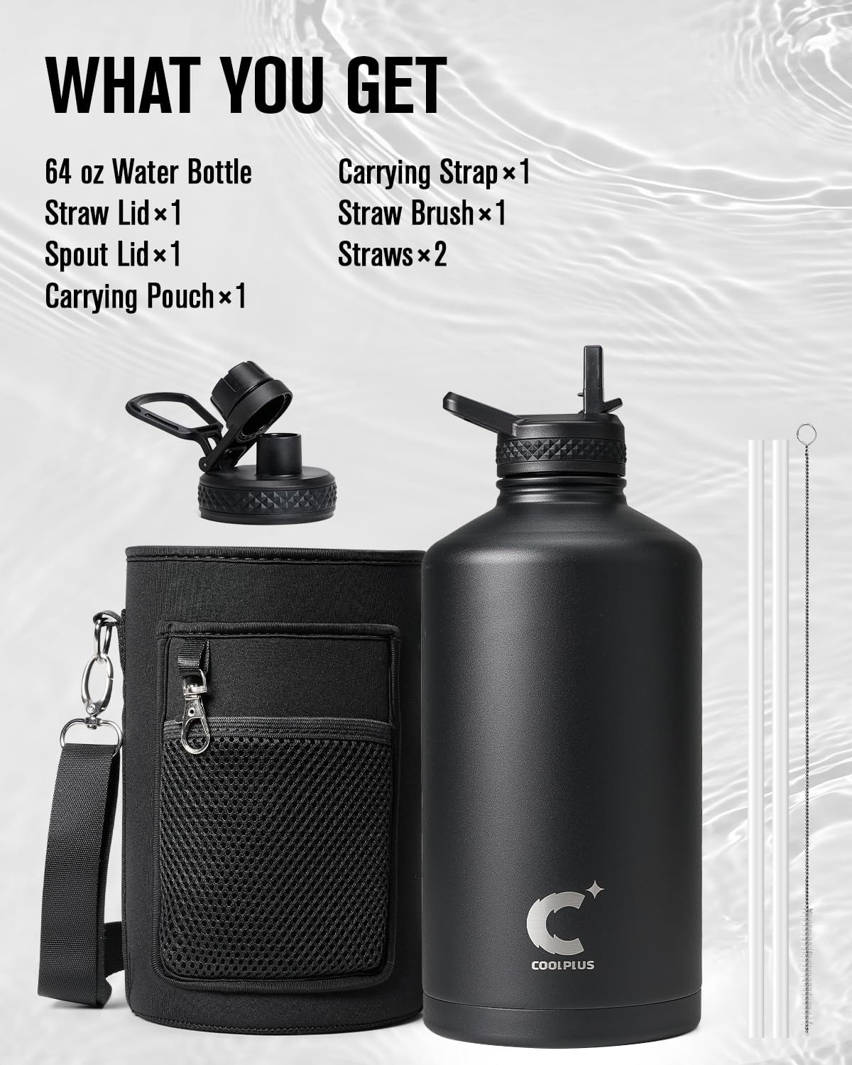 Coolplus Gallon Water Bottle Insulated With Straw, Water Jug 128 Oz Stainless Steel Double-Walled
