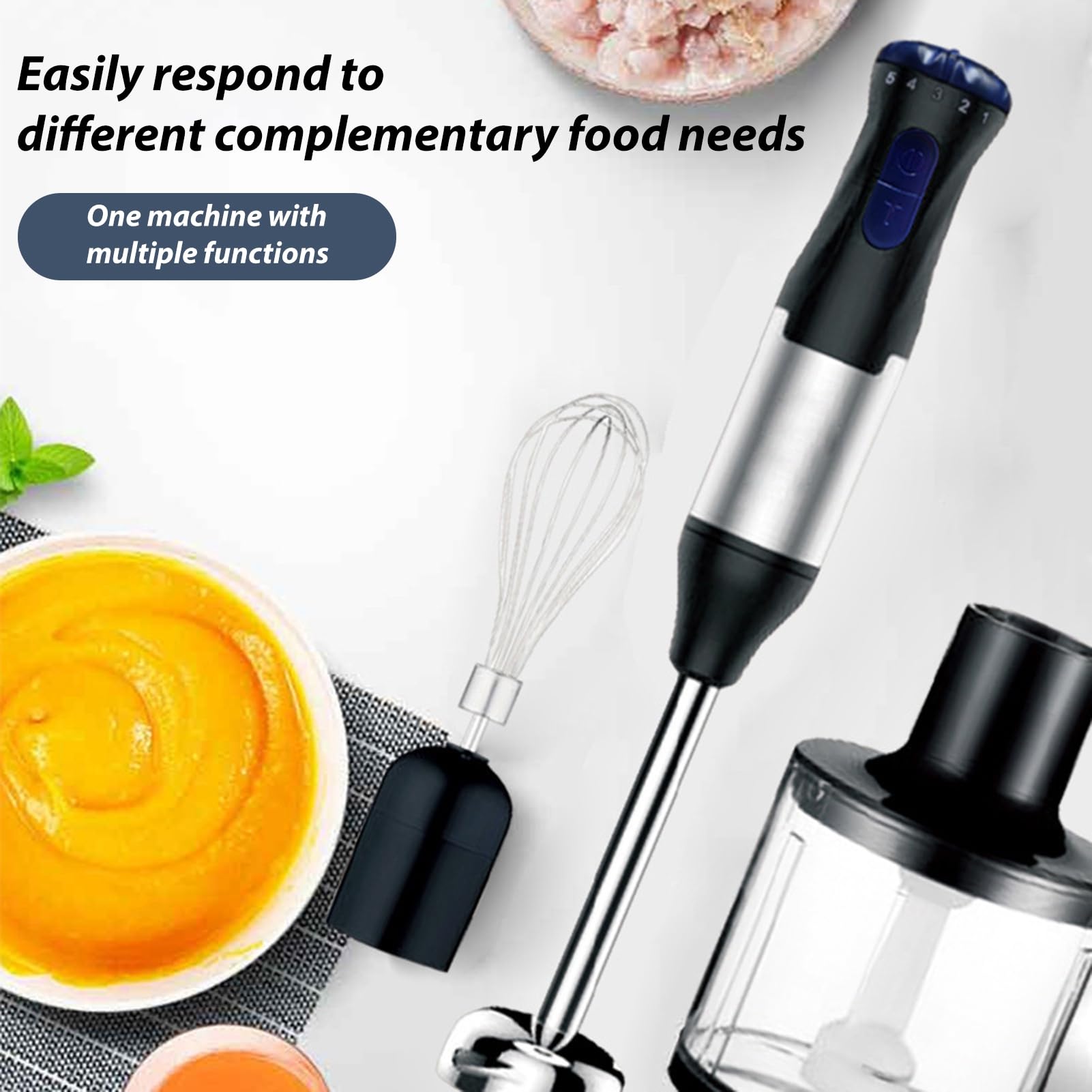 Uniqus Electric Meat Grinder Hand Blender Kit Speed Adjustable Whisk Milk Frother Handheld Blender With Us Plug Silver Color