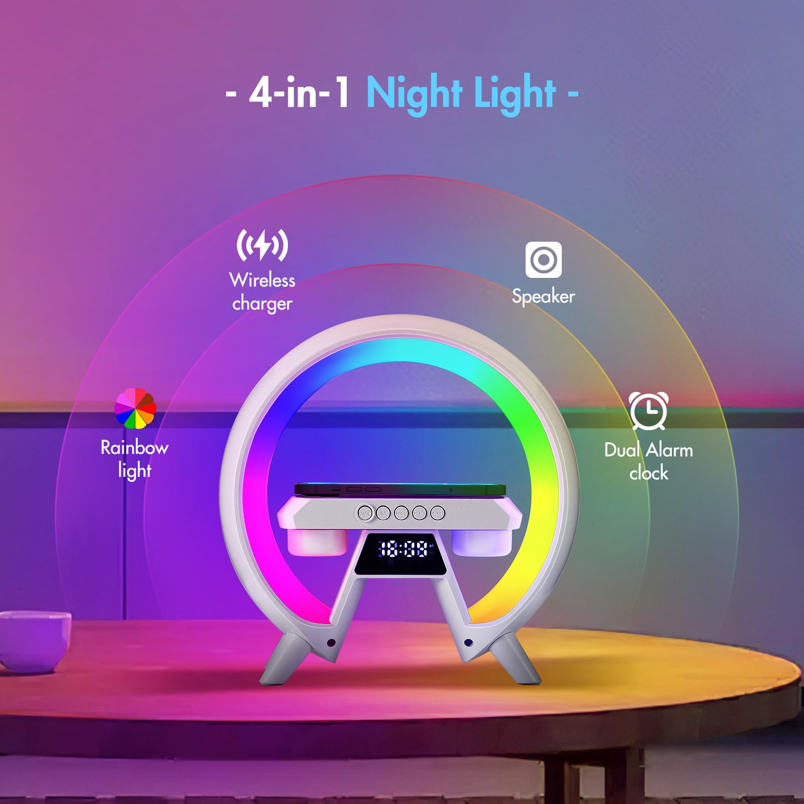Kuidehacul Atmosphere Lamp With Wireless Charger, Table Lamp With Bluetooth Speakers, Time Display Alarm Clock, 15W Qi Wireless Charger And Hi-Fi Music, Dazzling Lights Bedside Lamp, Aux/Tf/Fm